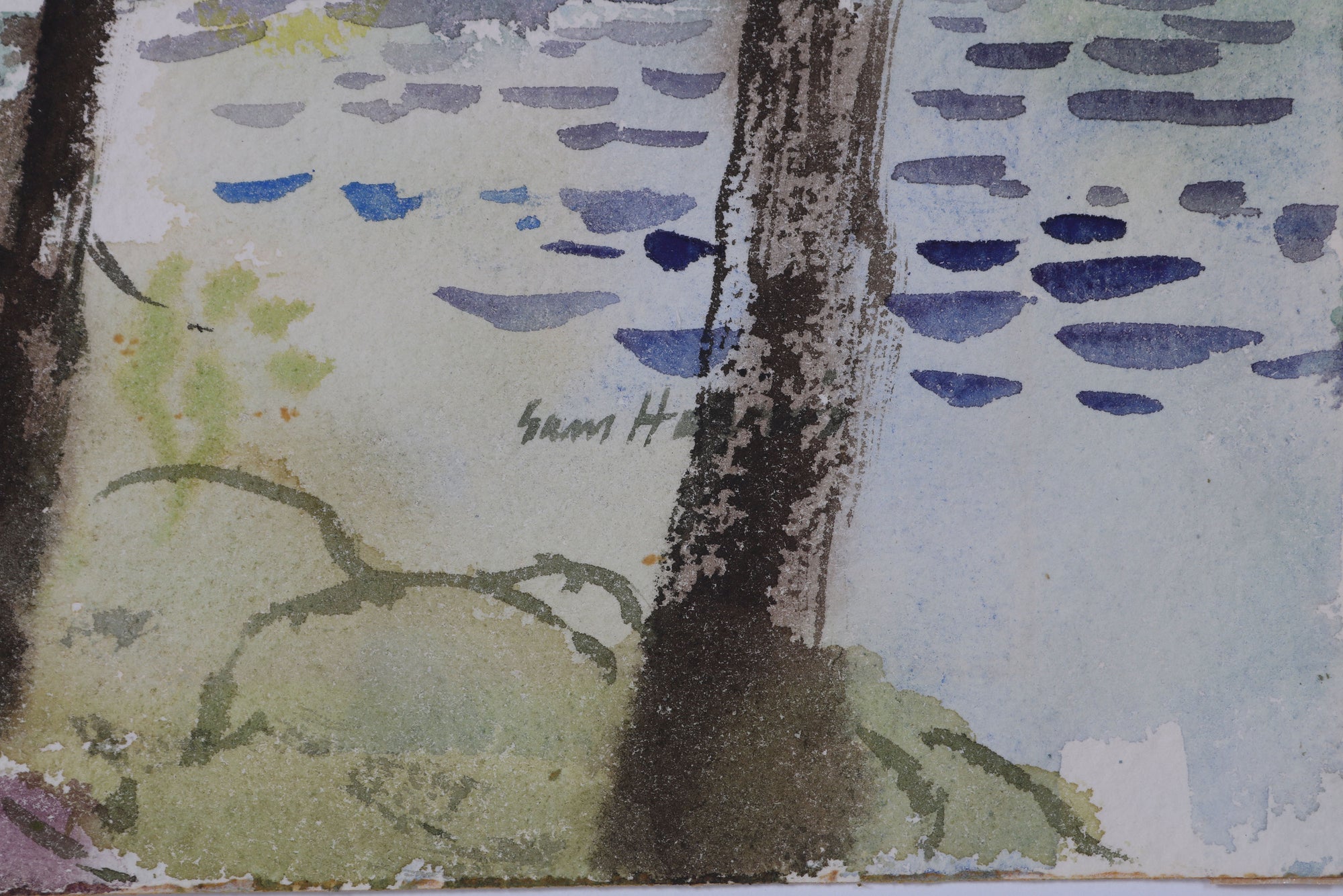 Abstracted California Coast with Trees<br>Mid Century Watercolor <br><br>#B3554