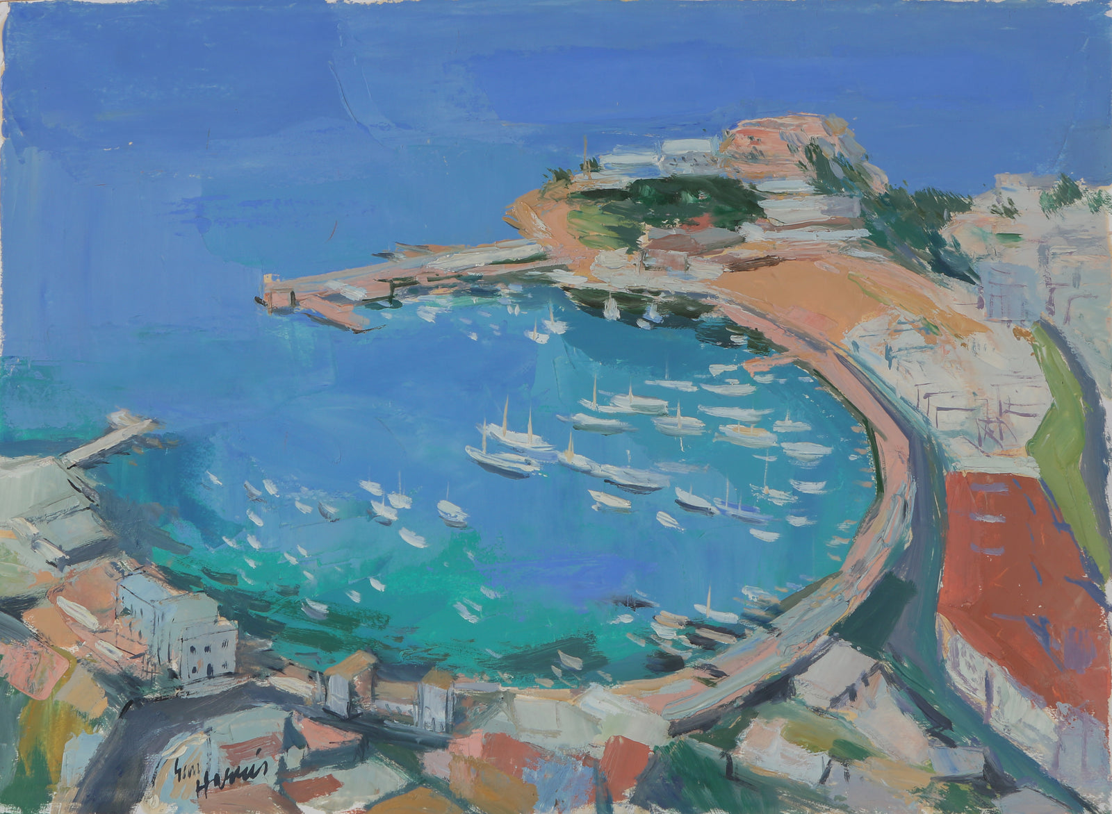 <i>Harbor in Greece</i> <br>Mid Century Oil <br><br>#B3560