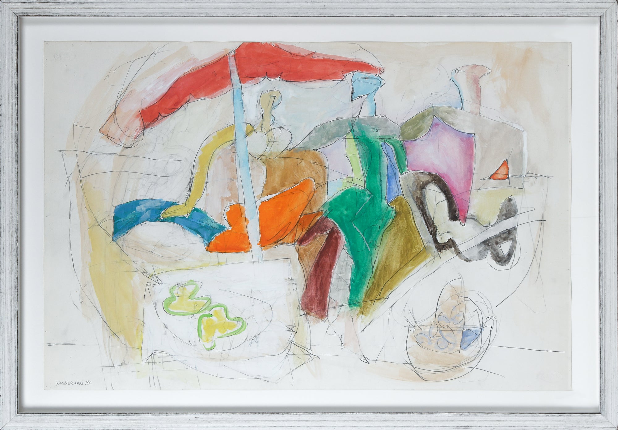 Cubist Figure Scene with Umbrella <br>20th Century Mixed Media <br><br>#B3804