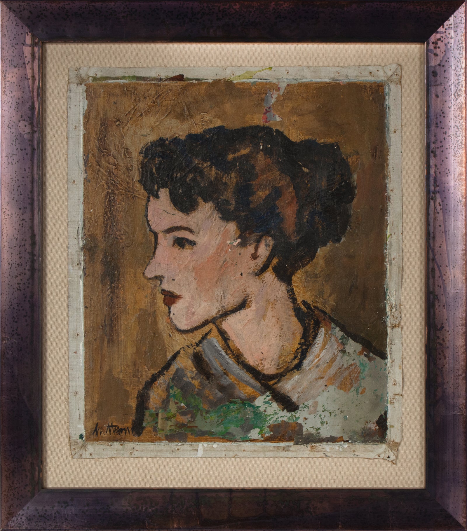 Modernist Female Portrait in Profile <br>1958 Oil <br><br>#B4027