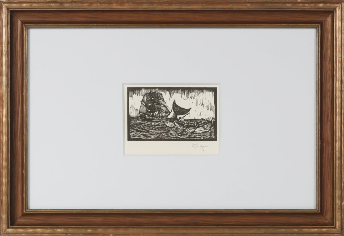 Whale Tail &amp; Sailing Ship &lt;br&gt;20th Century Woodcut &lt;br&gt;&lt;br&gt;#B4039
