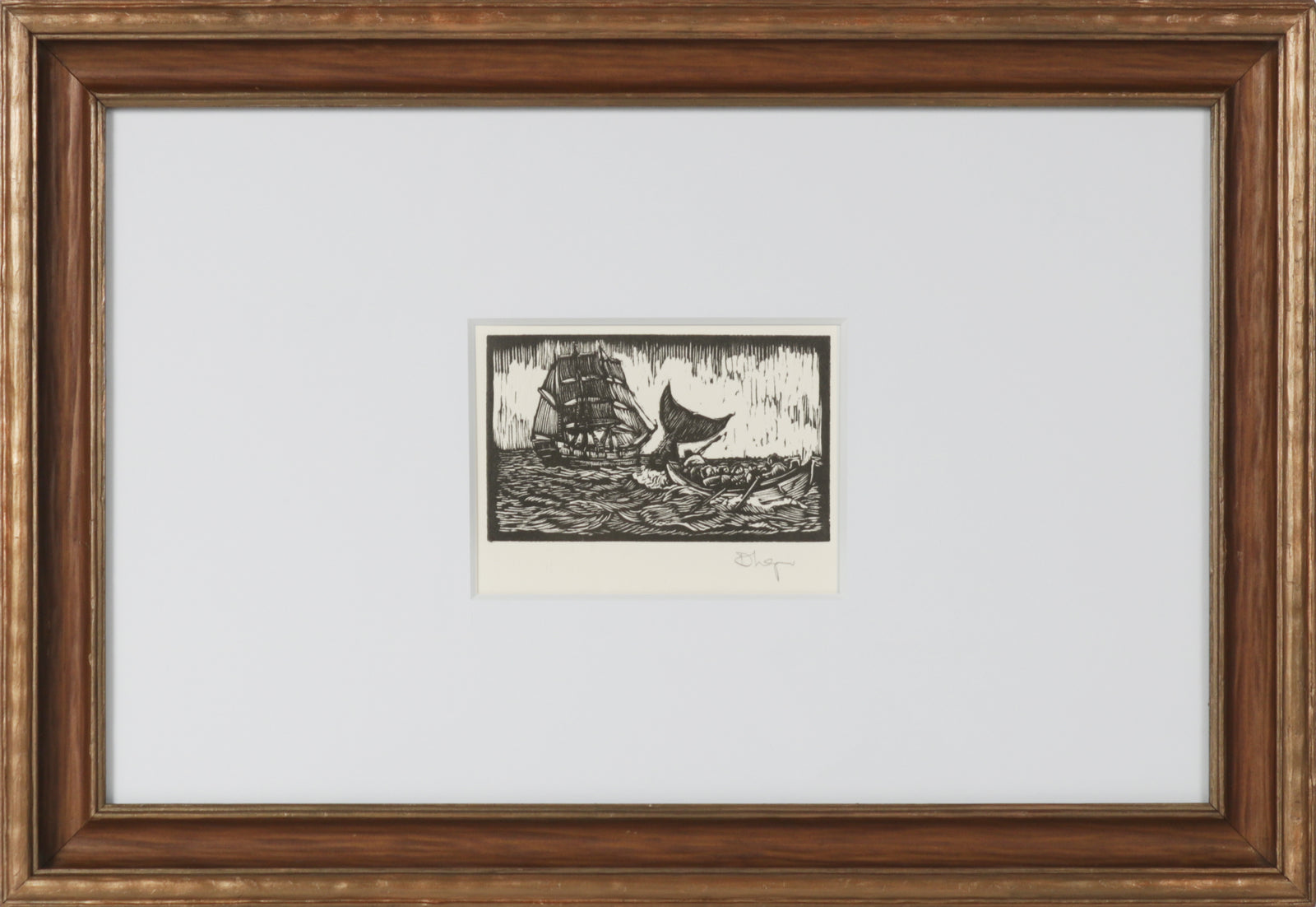 Whale Tail & Sailing Ship <br>20th Century Woodcut <br><br>#B4039