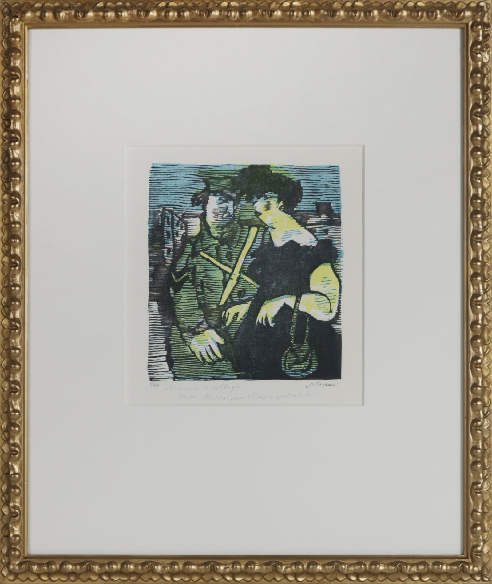Abstracted Figurative Couple <br>Mid Century Woodblock <br><br>#B4094