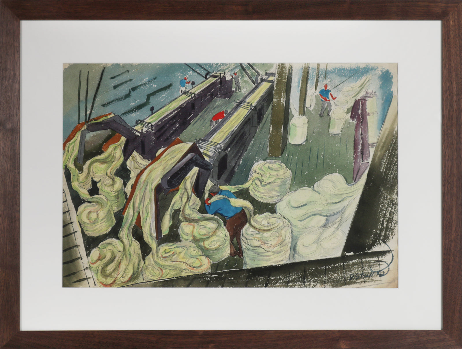 Mid Century Scene of Manufacturing Paper (from Hemp) <br>Watercolor <br><br>#B4106