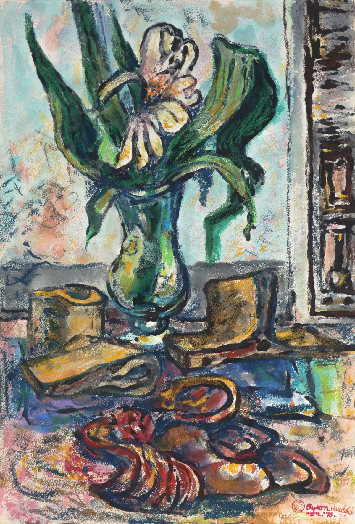 Floral Still Life with fabric <br>1978-79 Gouache & Pastel <br><br>#B4226