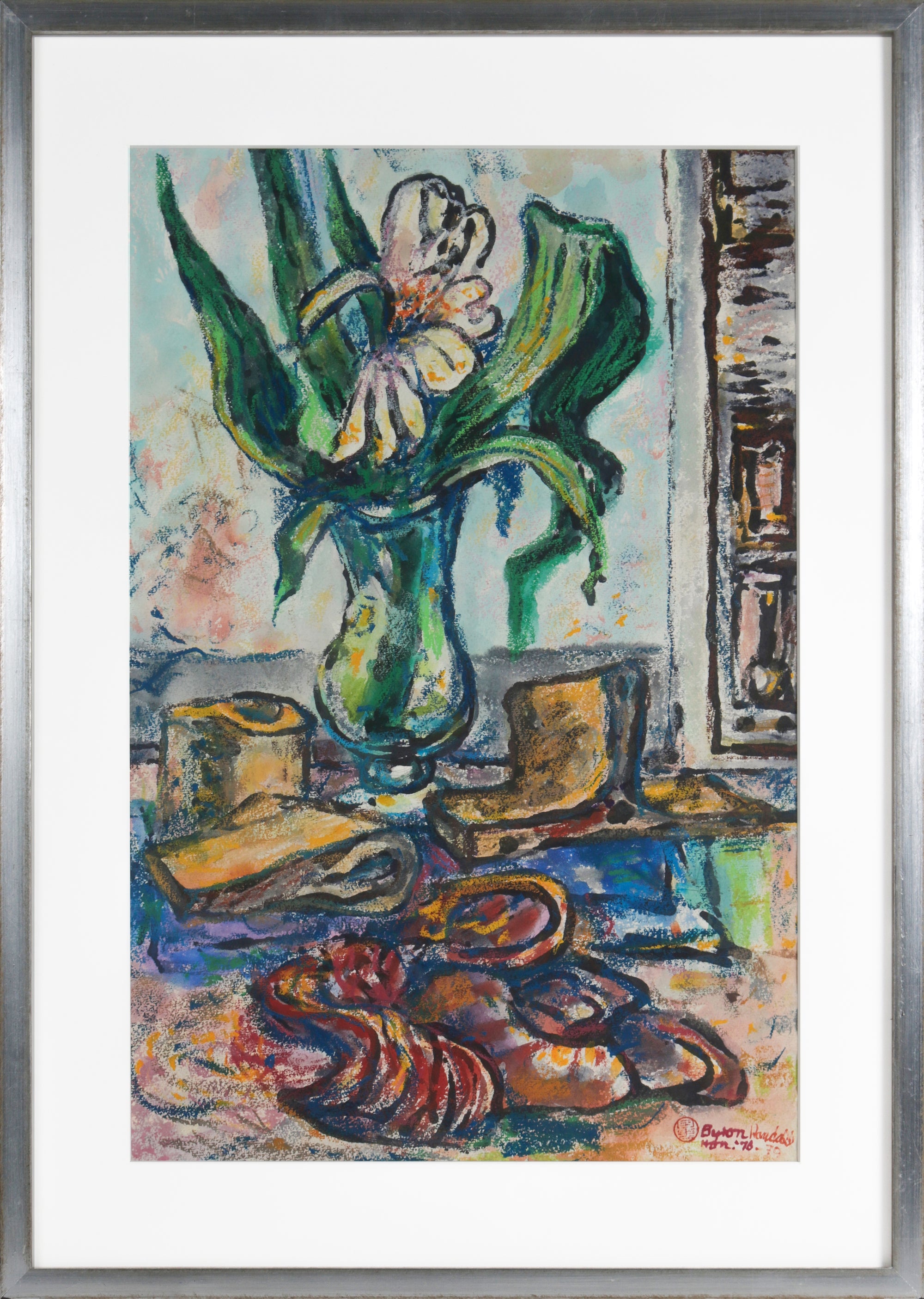 Floral Still Life with fabric <br>1978-79 Gouache & Pastel <br><br>#B4226