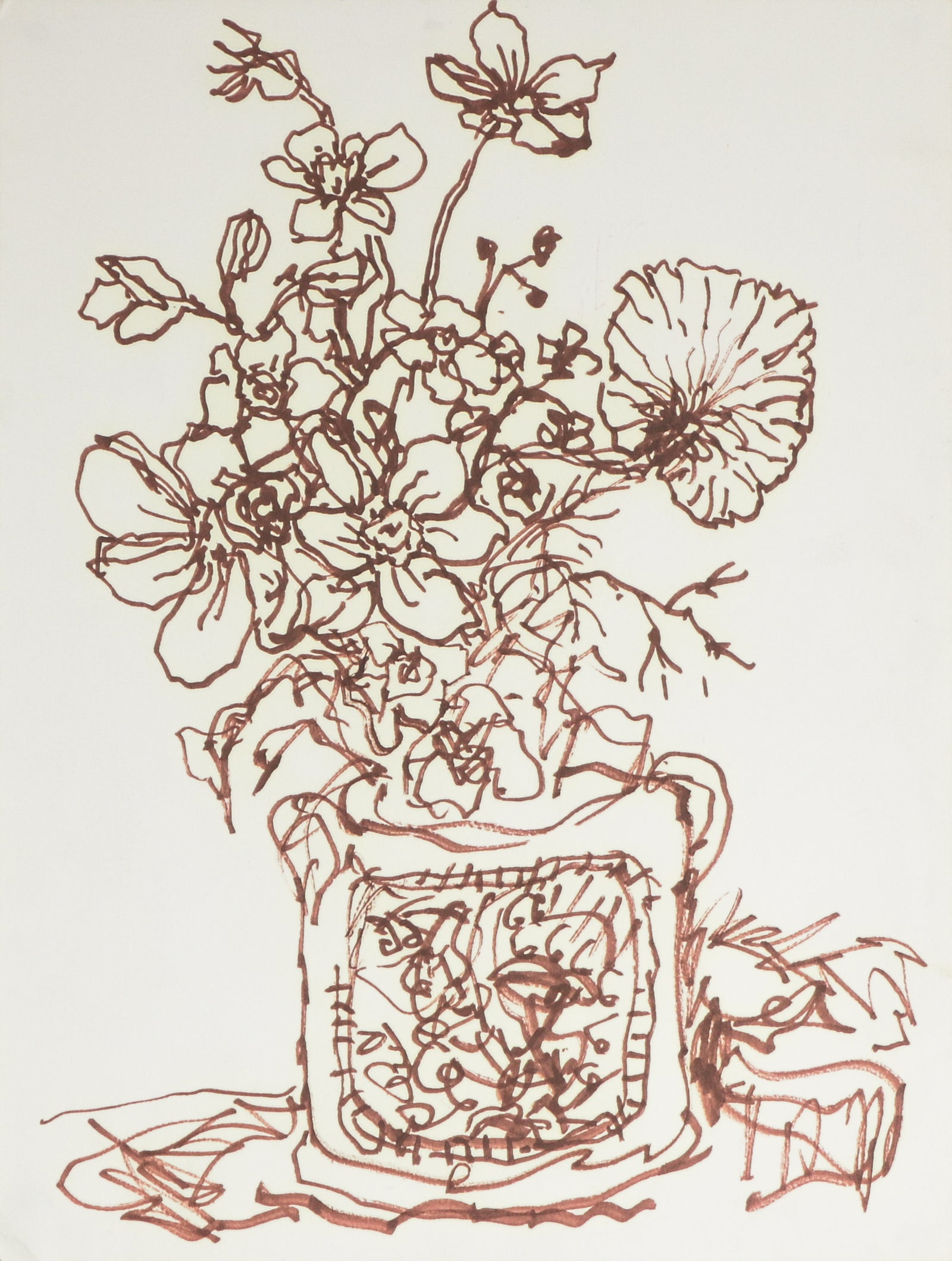 Delicate Floral Still Life <br>Mid Century Felt Pen <br><br>#B4229