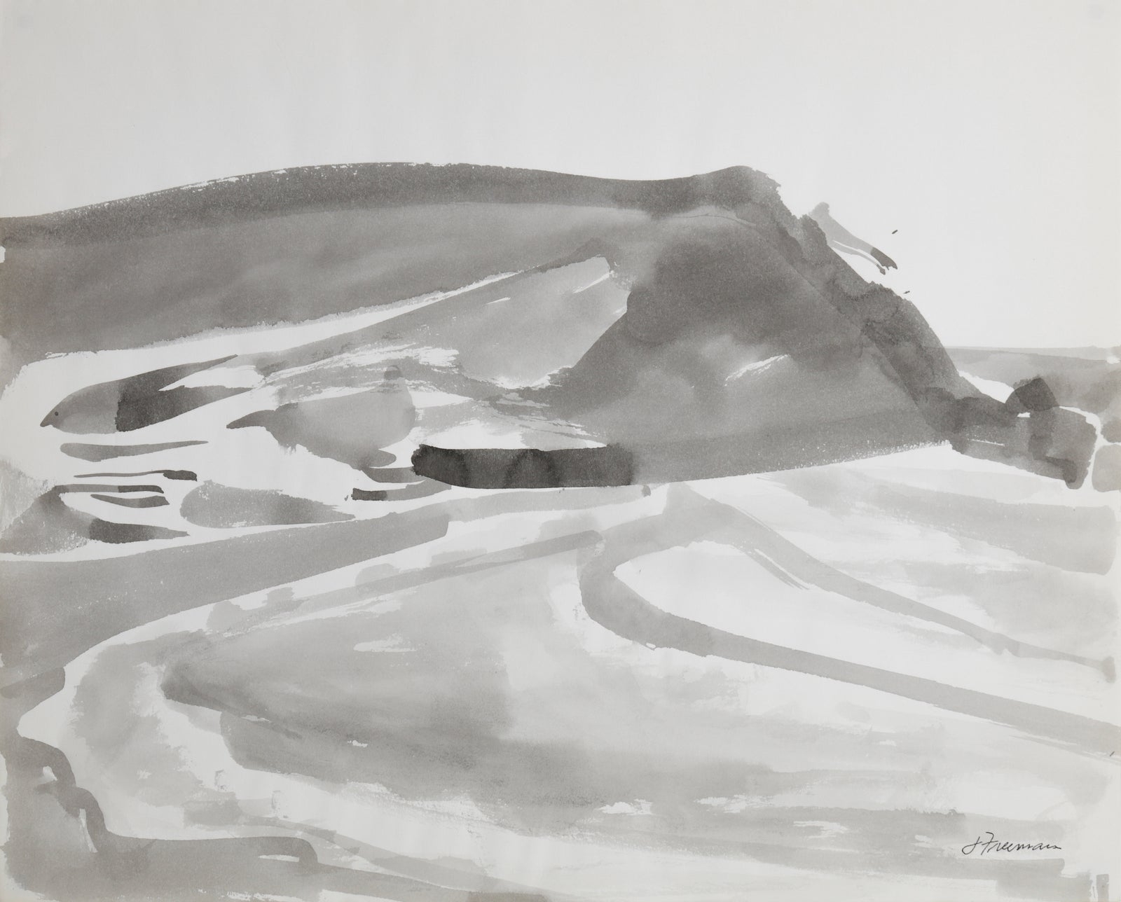 Monochromatic 1970s Ink Wash Abstracted Seascape <br><br>#B4325
