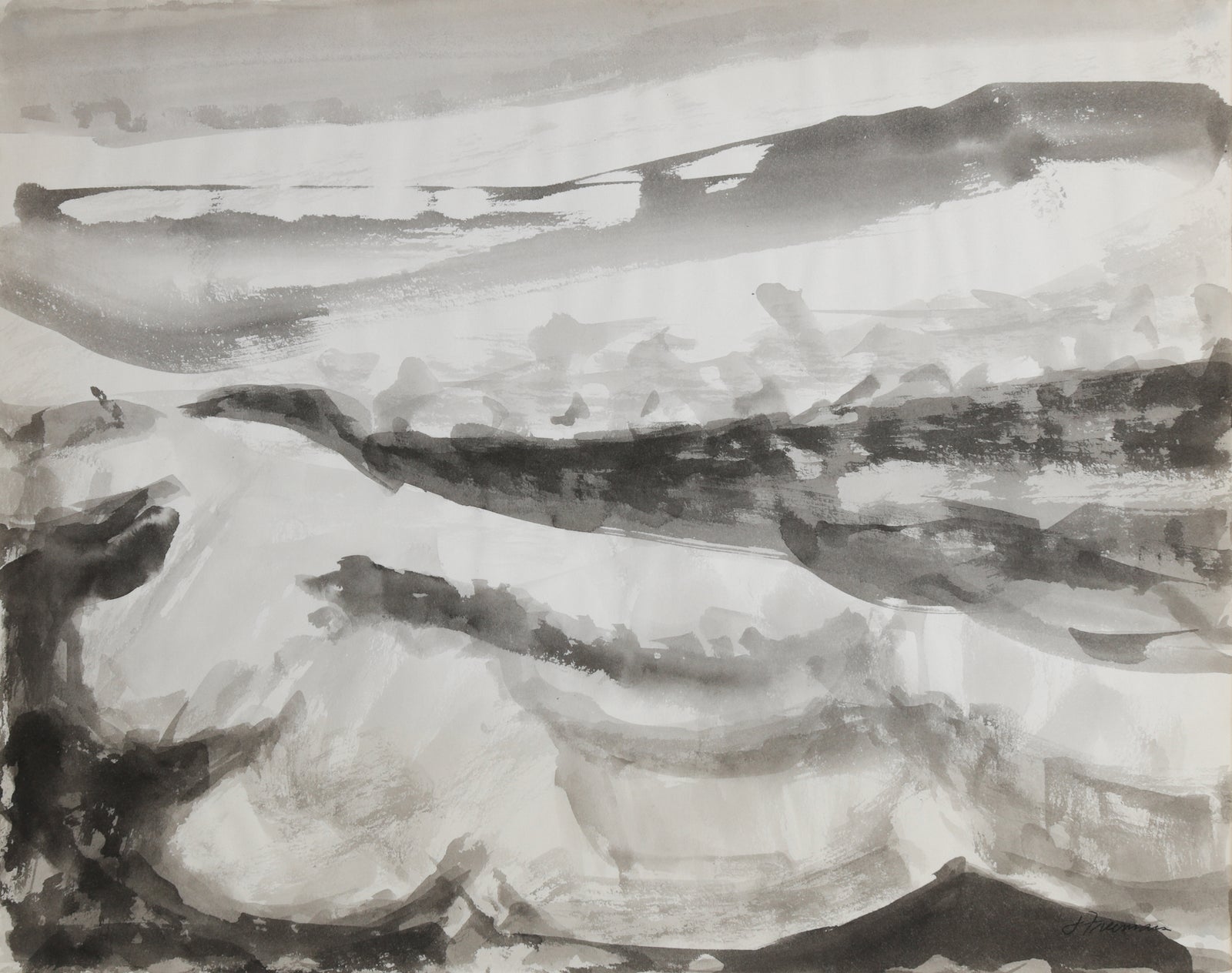 1970s Ink Wash Abstracted Waves <br><br>#B4344