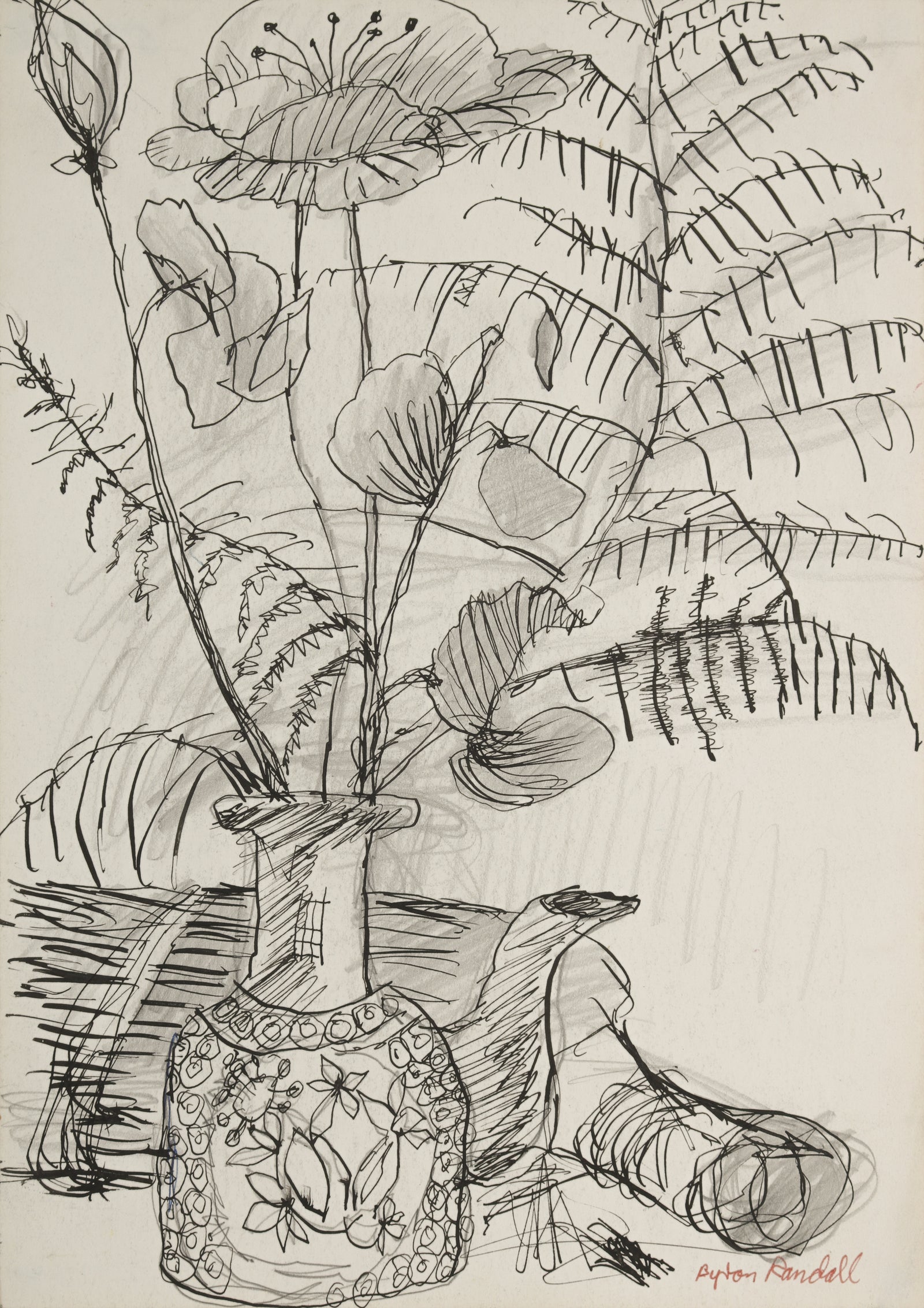 Floral Still Life with Bottle <br>Mid Century Ink & Graphite <br><br>#B4367