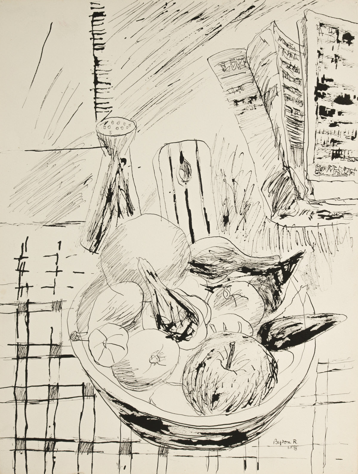Abstracted Tabletop Still Life &lt;br&gt;1958 Ink &amp; Graphite &lt;br&gt;&lt;br&gt;#B4370