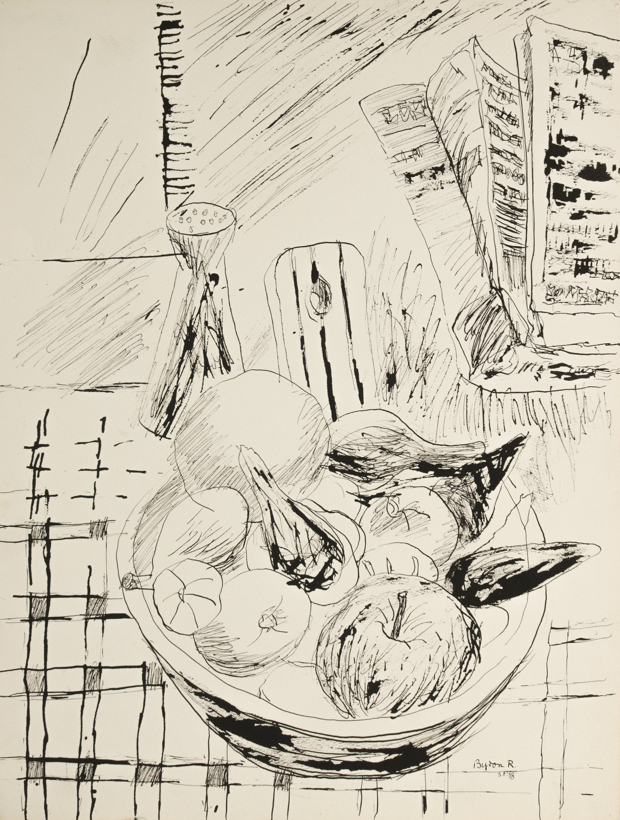 Abstracted Tabletop Still Life <br>1958 Ink & Graphite <br><br>#B4370