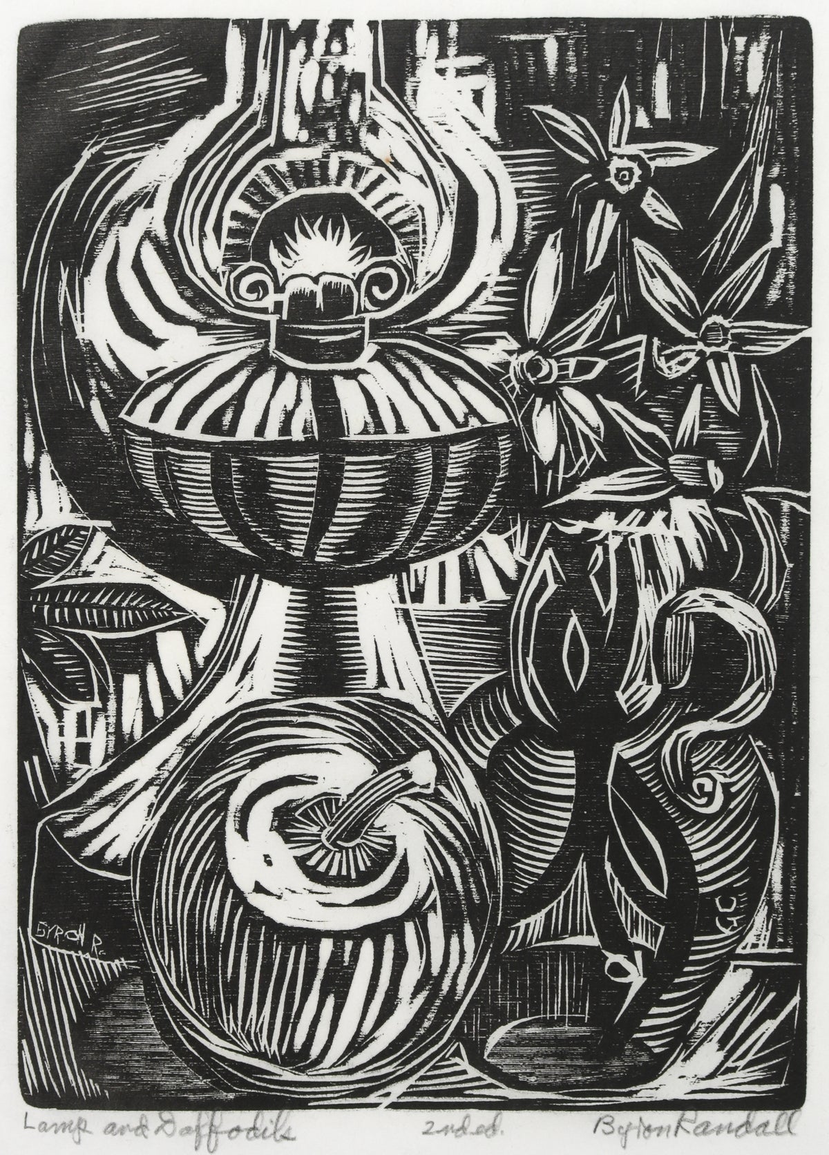 <i>Lamp & Daffodils</i> <br>20th Century Woodcut <br><br>#B4377