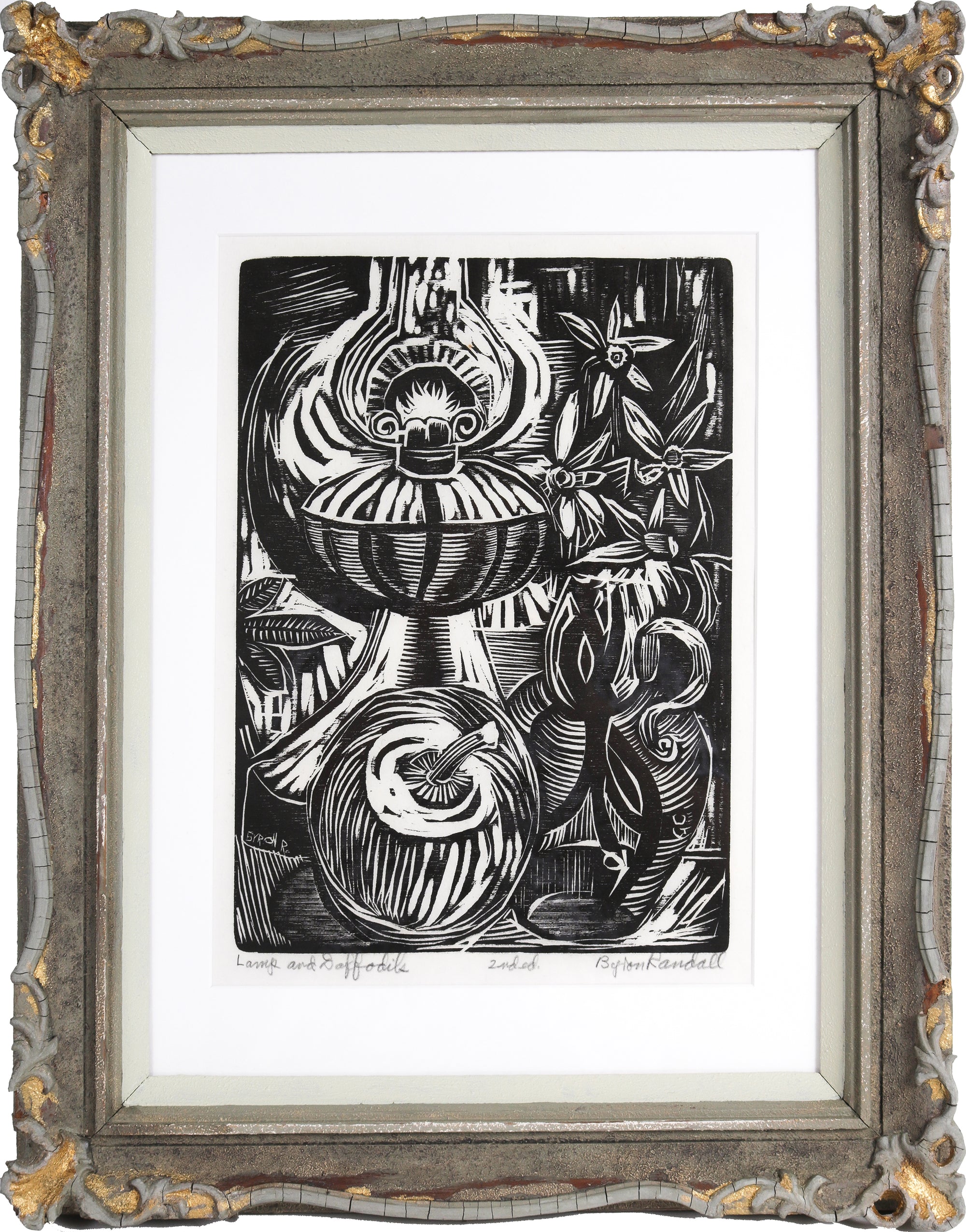 <i>Lamp & Daffodils</i> <br>20th Century Woodcut <br><br>#B4377