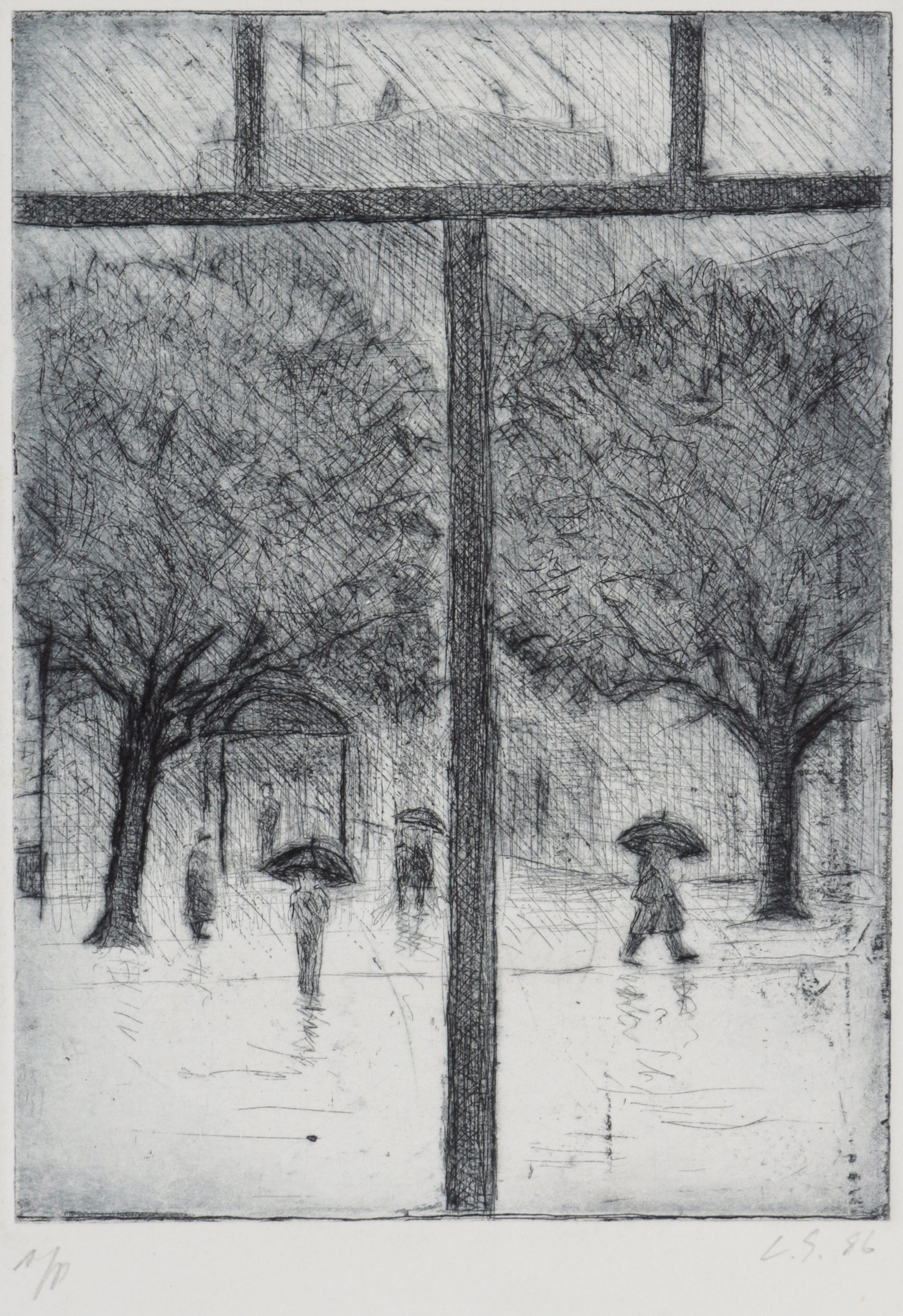 Monochrome Winter City Scene <br>1986 Etching <br><br>#B5168