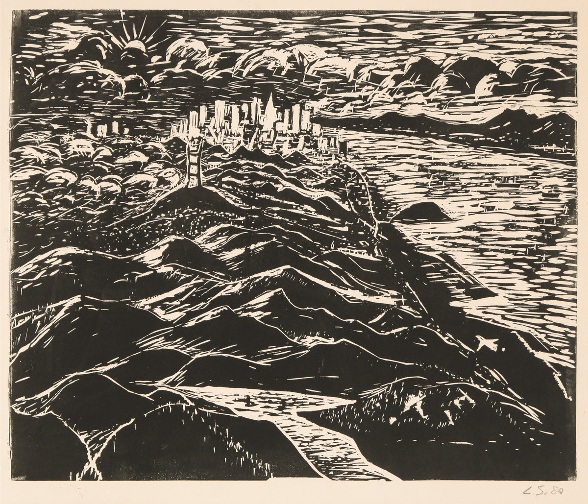 San Francisco Skyline <br>1980 Linoleum Block Print <br><br>#B5190