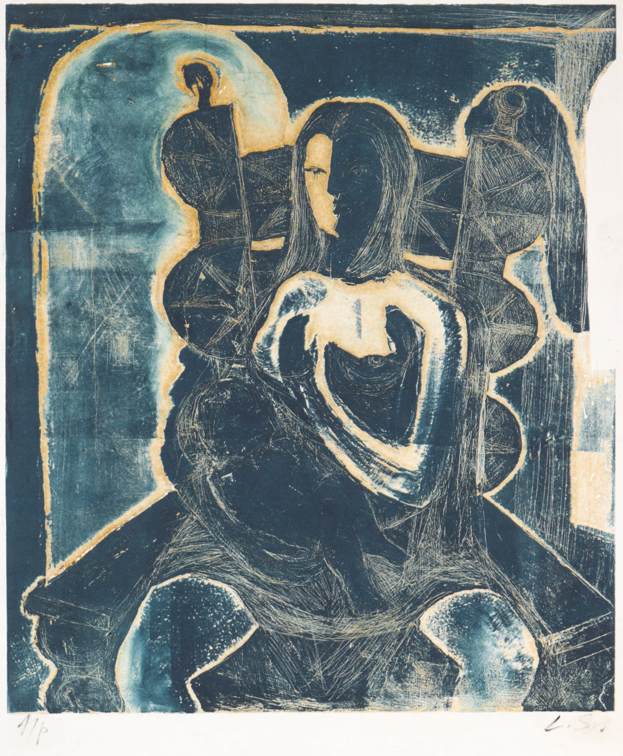 Cubist Seated Figures <br>1982 Monotype <br><br>#B5191