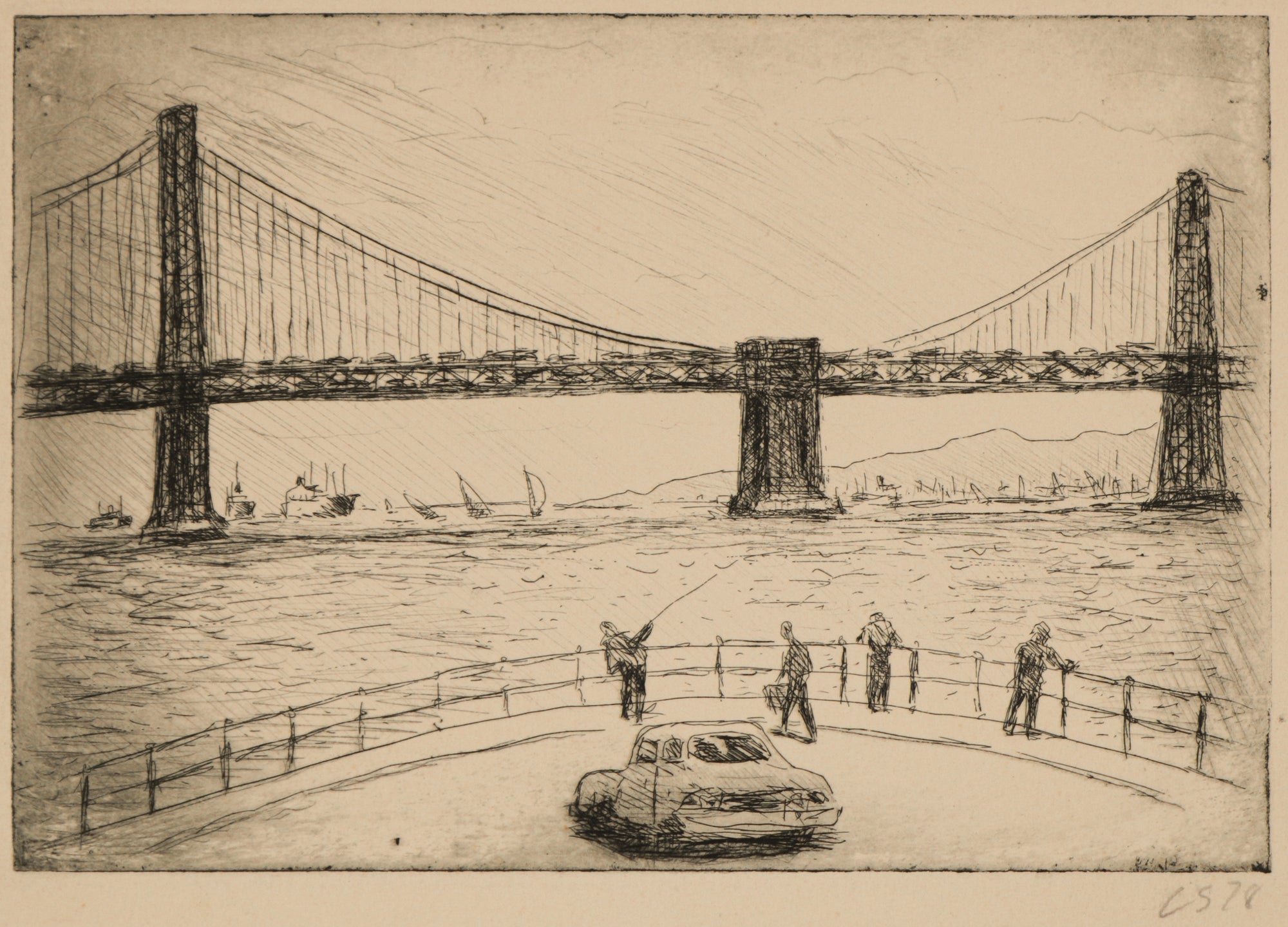 Sightseeing at a Bridge <br>1978 Etching <br><br>#B5203