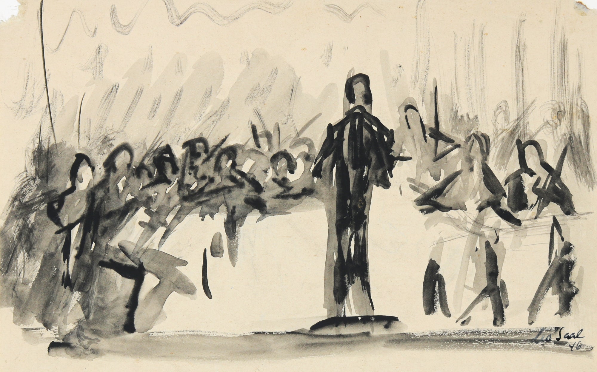 Conductor at the Stand <br>1946 Ink Wash <br><br>#B5218