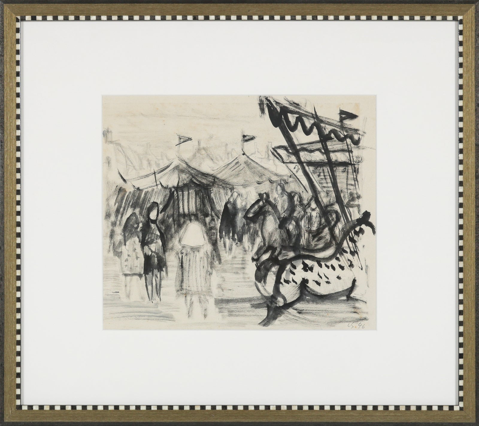 Monochromatic Circus Tent Scene <br>1946 Ink Wash <br><br>#B5219