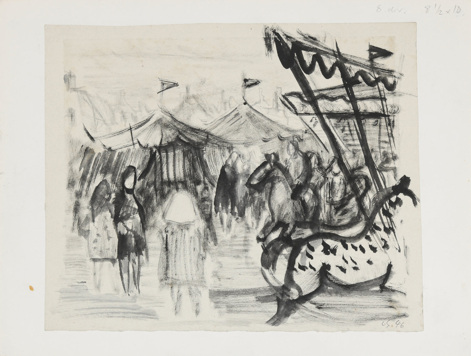 Monochromatic Circus Tent Scene <br>1946 Ink Wash <br><br>#B5219