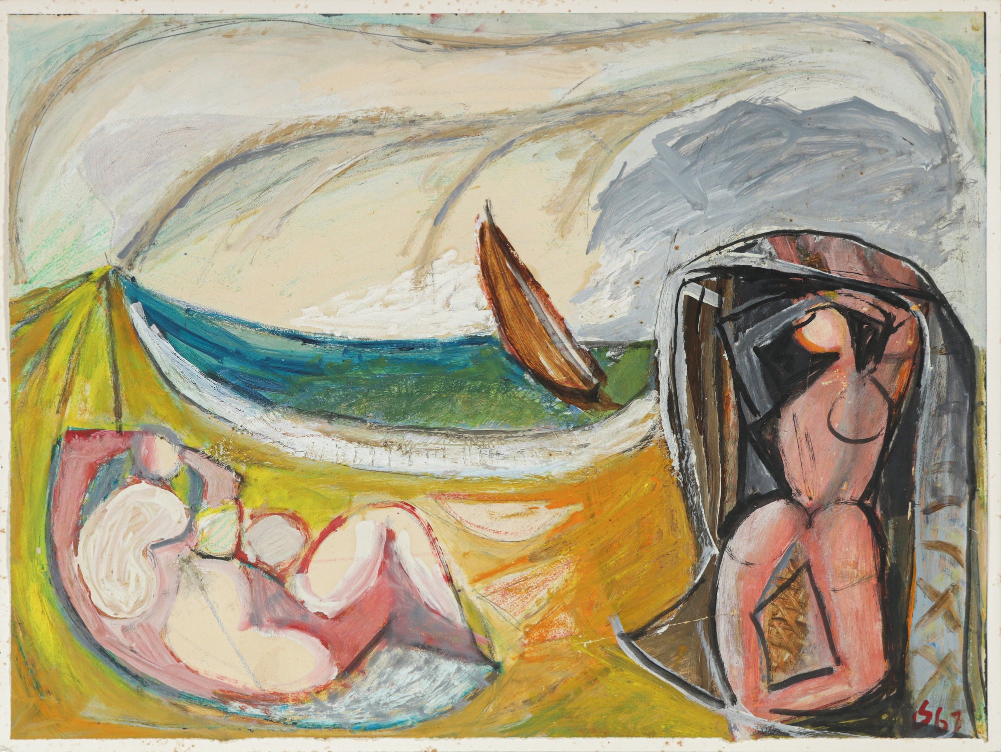 Modernist Figure at the Beach <br>1967 Mixed Media <br><br>#B5249