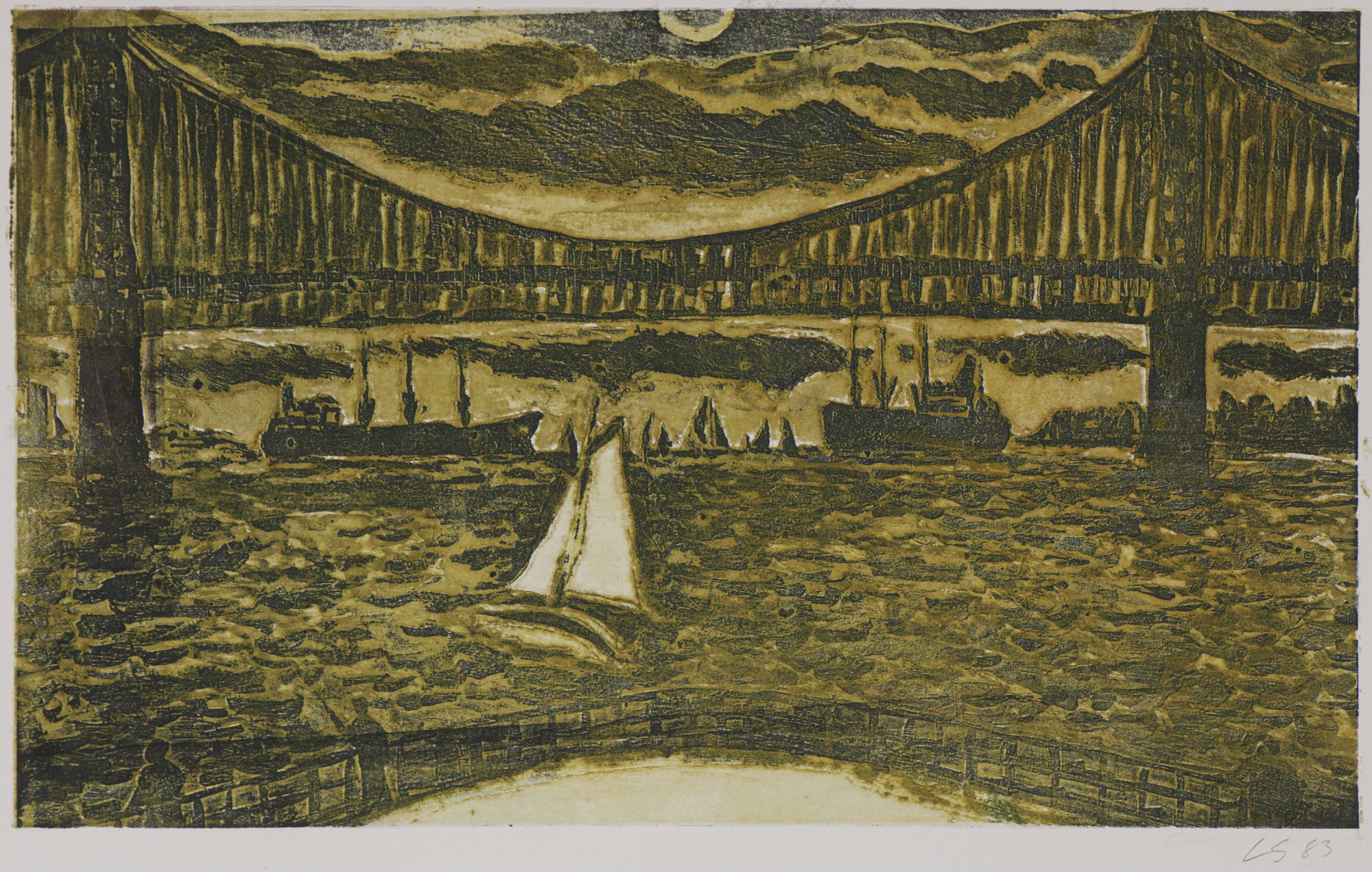 Boat & Bridge Harbor Scene <br>1983 Viscosity Print <br><br>#B5389