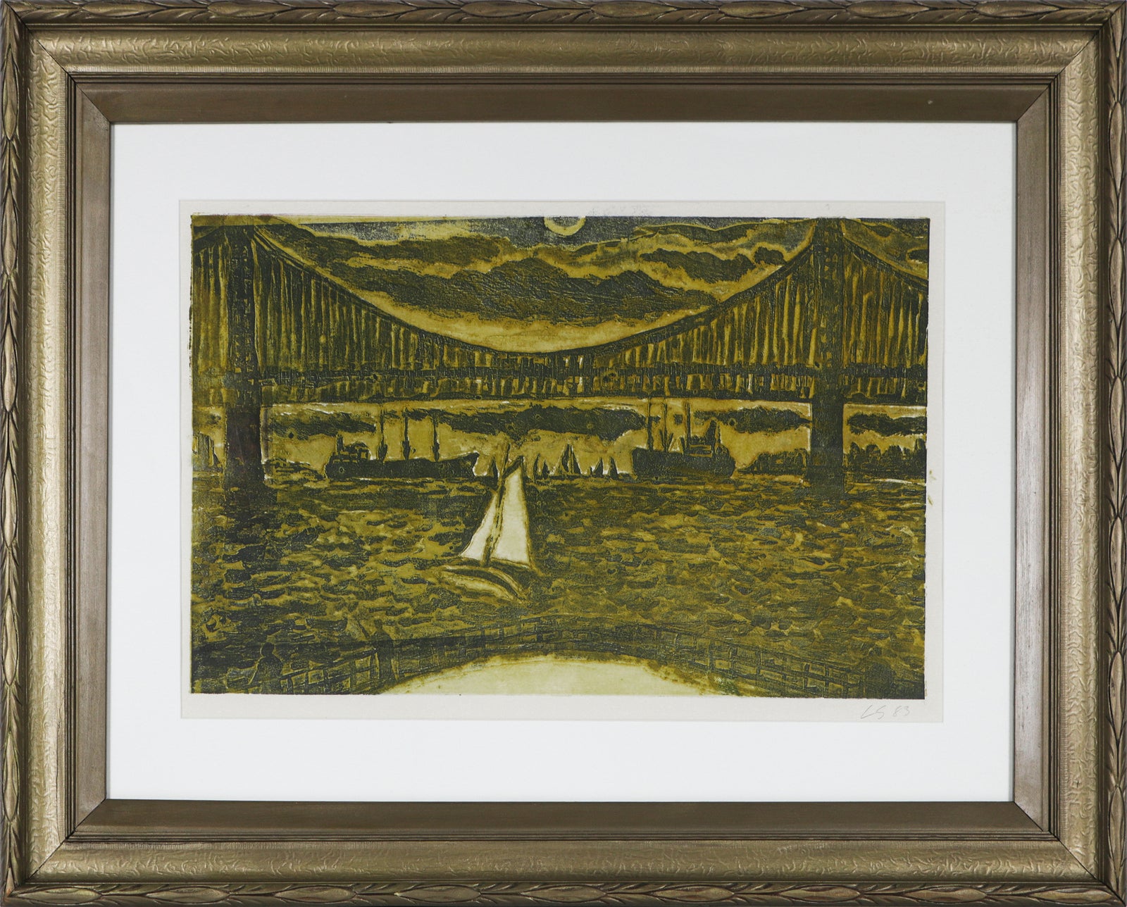 Boat & Bridge Harbor Scene <br>1983 Viscosity Print <br><br>#B5389