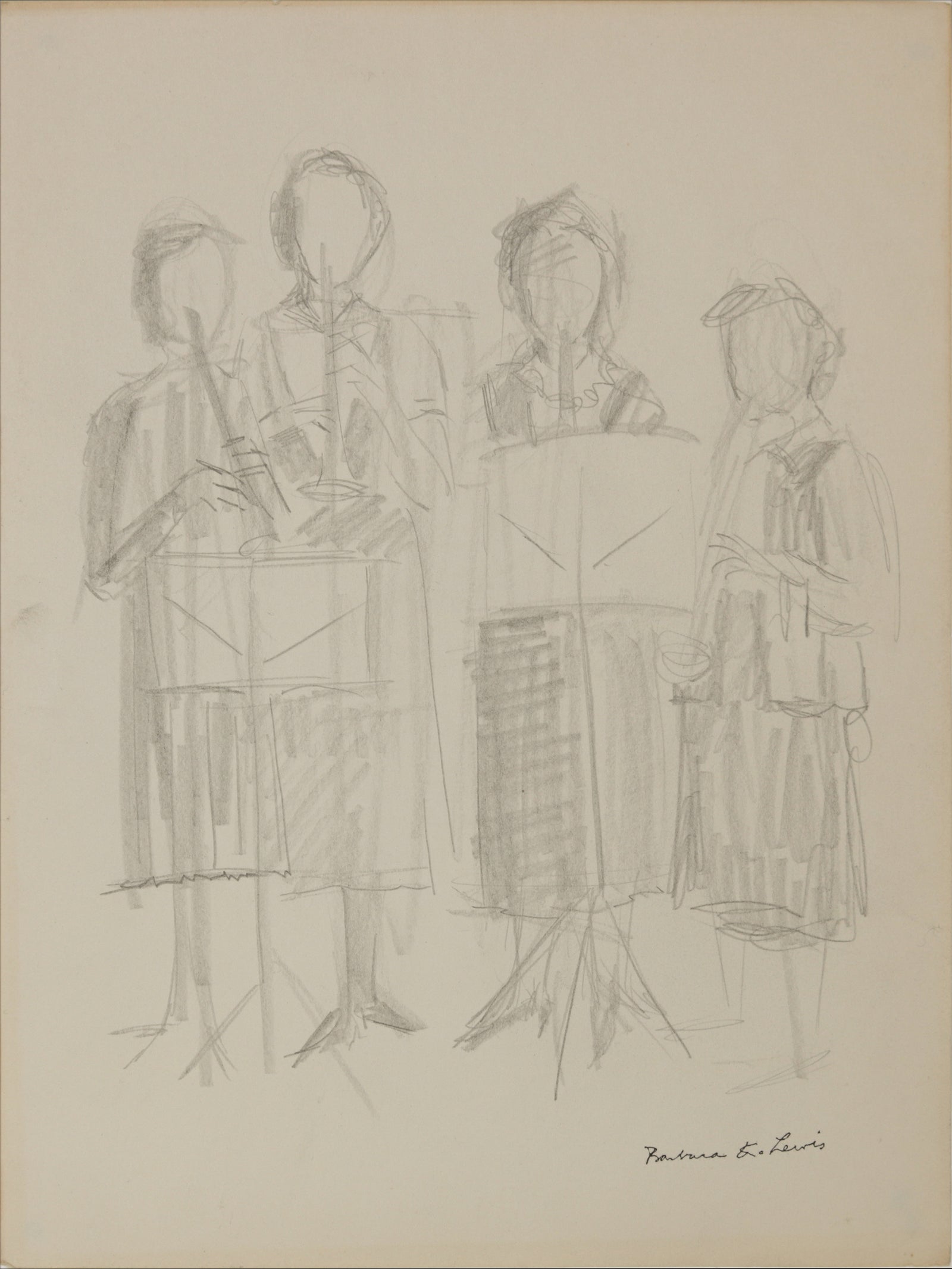 Four Clarinet Players Vintage Sketch <br>1940s Graphite <br><br>#B5540