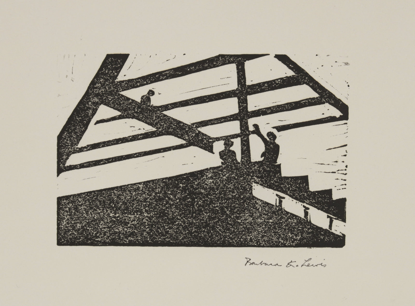 Monochromatic Stylized Scene <br>1960s Linoleum Block Print <br><br>#B5578