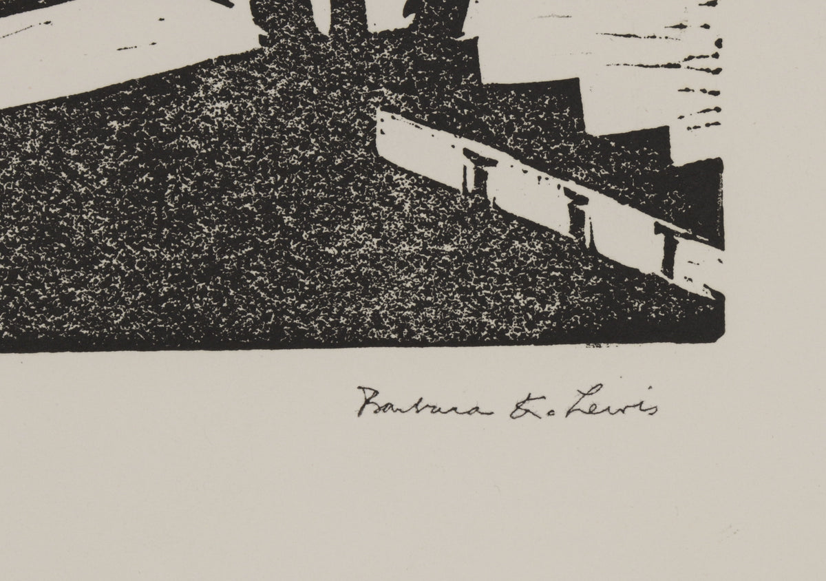 Monochromatic Stylized Scene <br>1960s Linoleum Block Print <br><br>#B5578