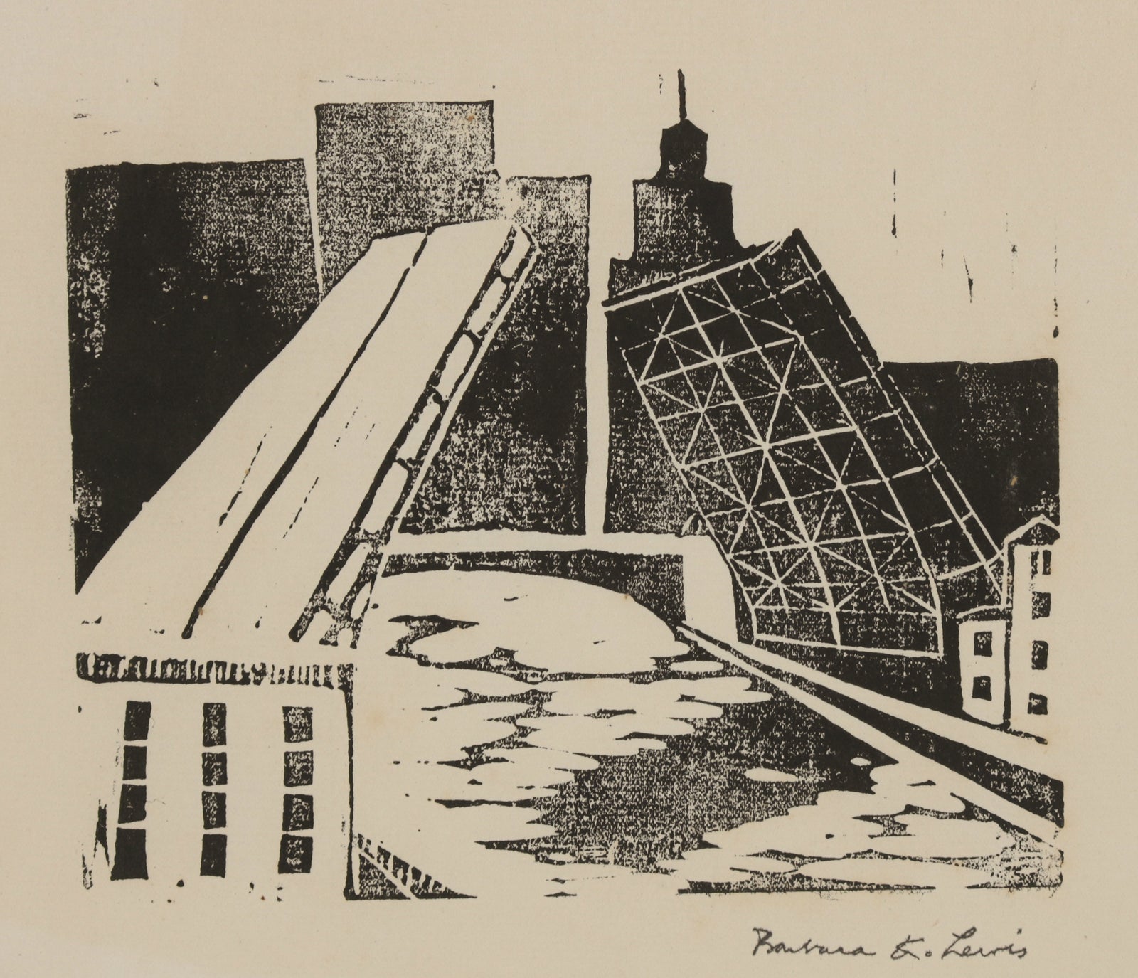Monochromatic Stylized Bridge <br>1960s Linoleum Block Print <br><br>#B5580