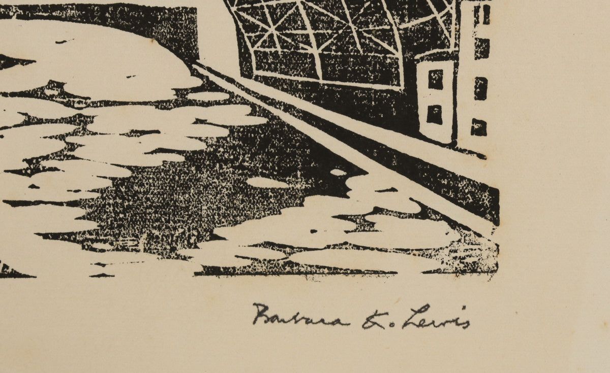 Monochromatic Stylized Bridge <br>1960s Linoleum Block Print <br><br>#B5580