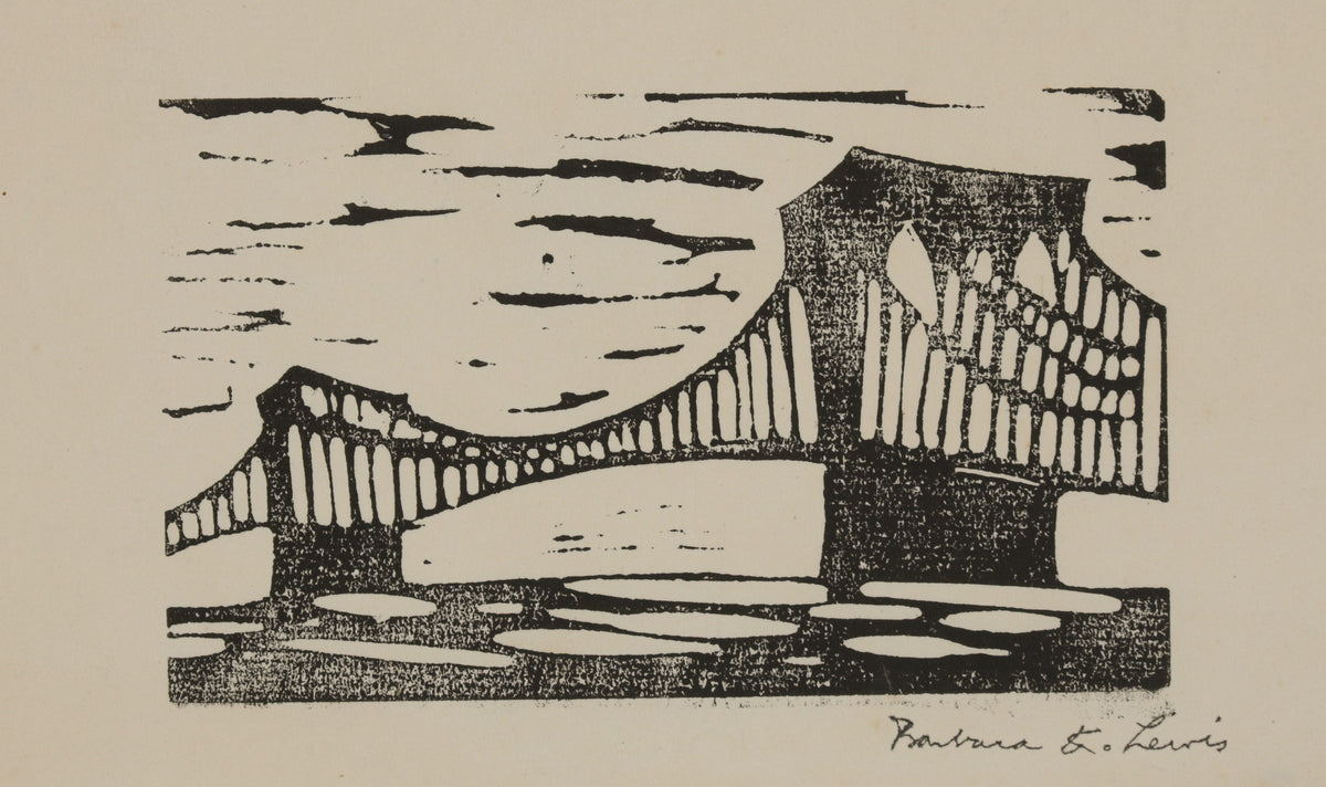 Monochromatic Stylized Bridge &lt;br&gt;1960s Linoleum Block Print &lt;br&gt;&lt;br&gt;#B5583