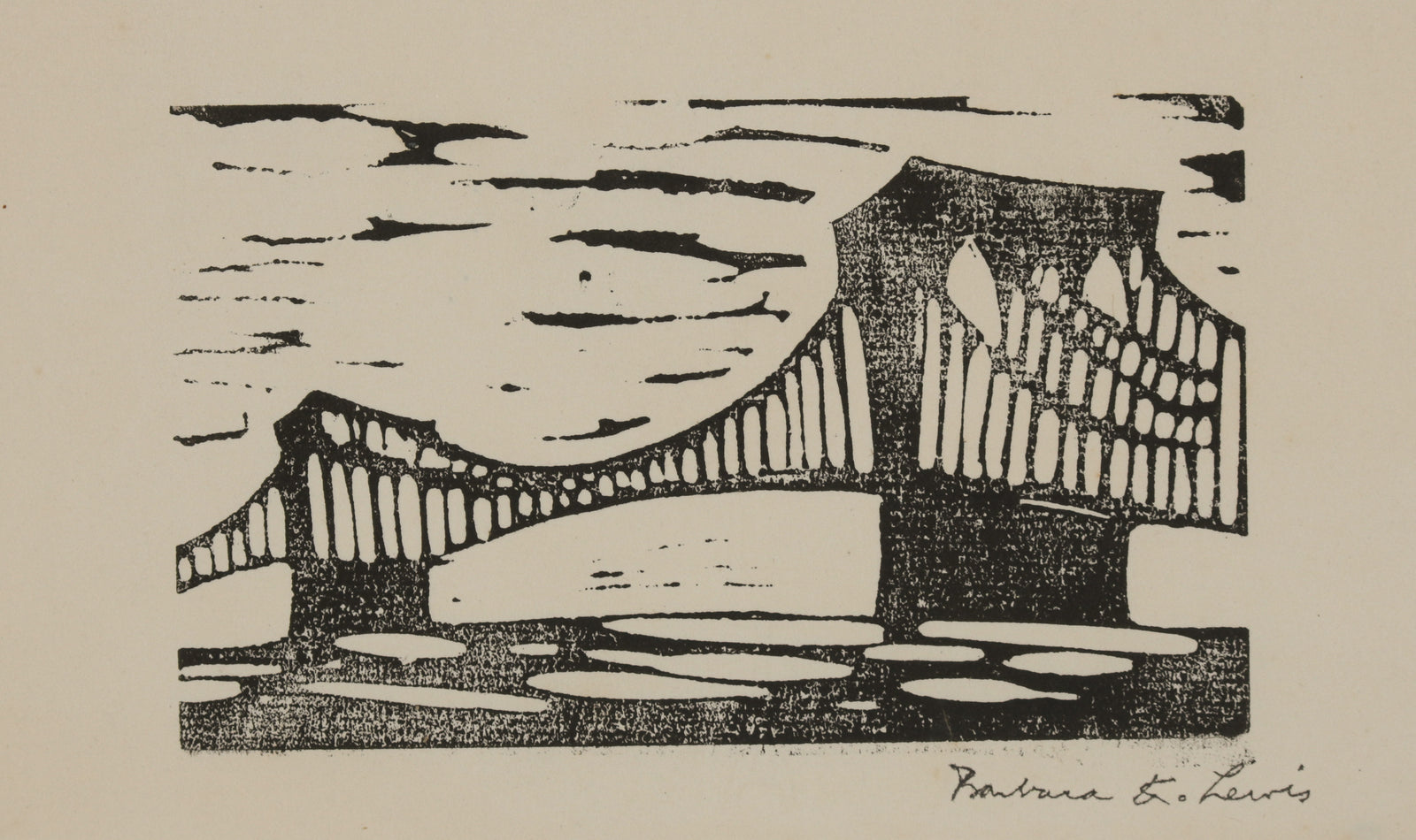 Monochromatic Stylized Bridge <br>1960s Linoleum Block Print <br><br>#B5583
