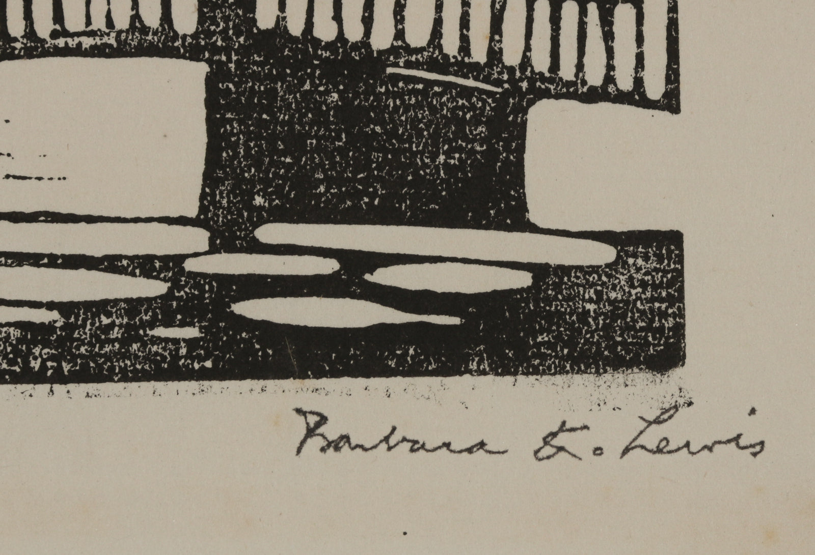 Monochromatic Stylized Bridge <br>1960s Linoleum Block Print <br><br>#B5583