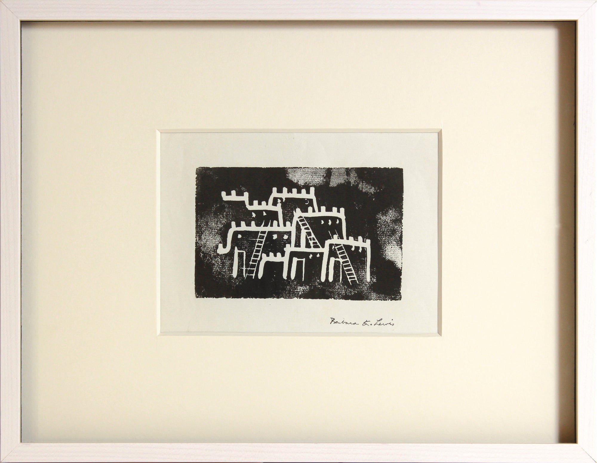 Monochromatic Stylized Buildings <br>1960s Linoleum Block Print <br><br>#B5585