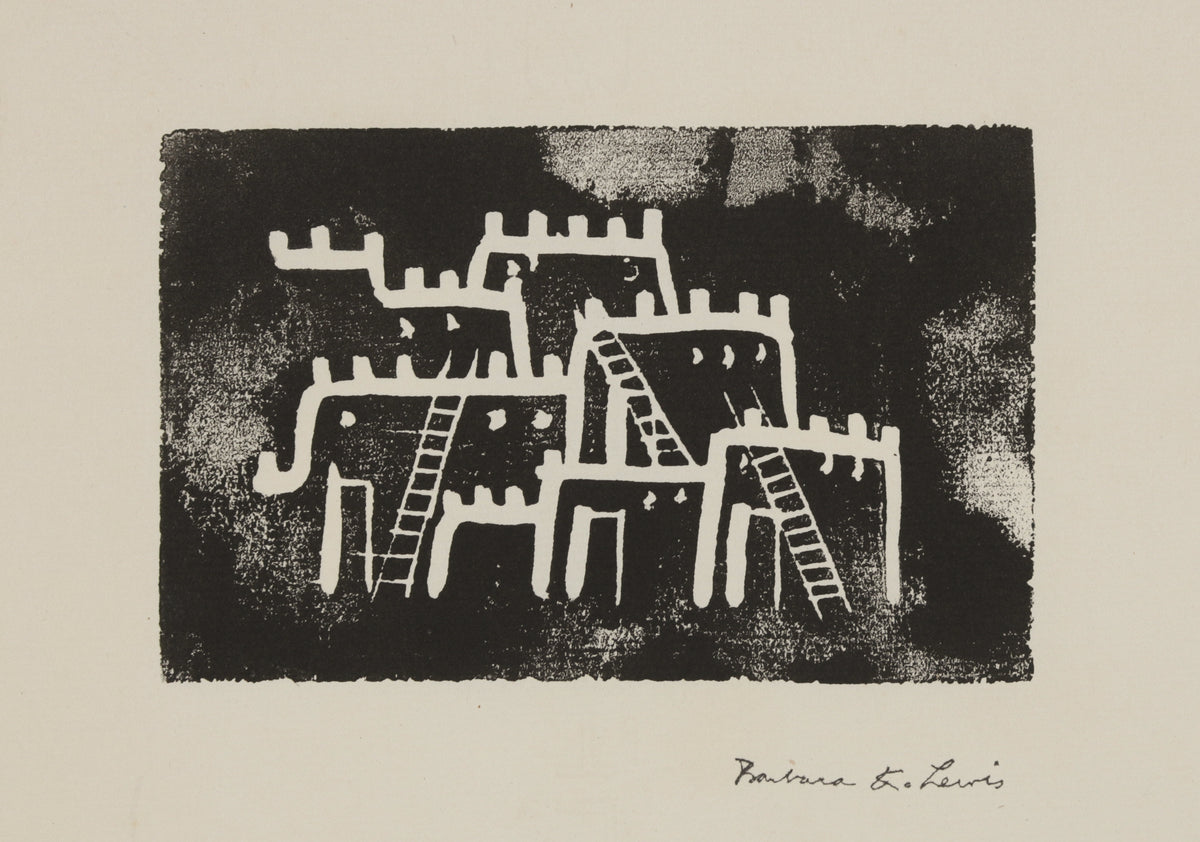 Monochromatic Stylized Buildings <br>1960s Linoleum Block Print <br><br>#B5585