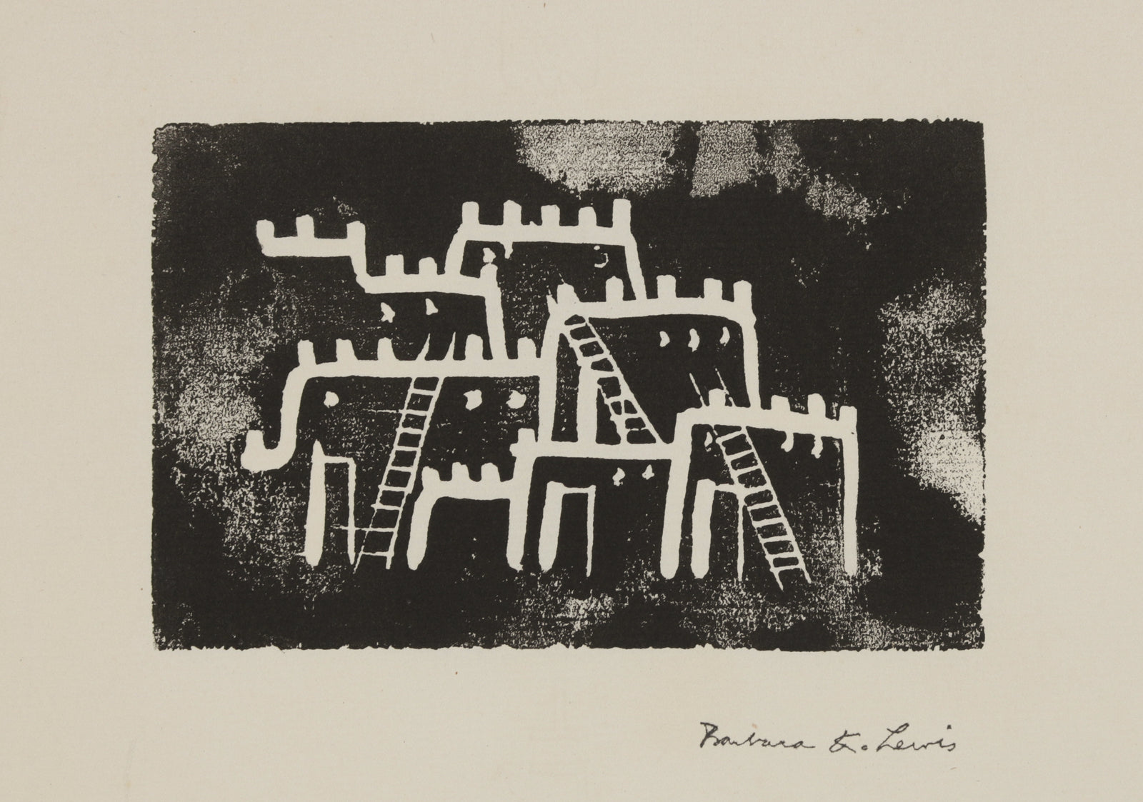 Monochromatic Stylized Buildings <br>1960s Linoleum Block Print <br><br>#B5585