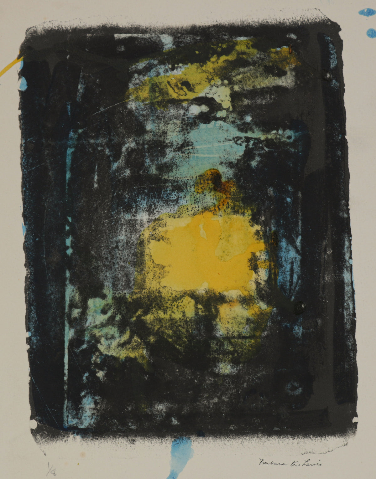Yellow, Black &amp; Blue Abstract &lt;br&gt;1960s Stone Lithograph &lt;br&gt;&lt;br&gt;#B5605