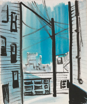 Cityscape in Blue & Black <br>1940-60s Watercolor <br><br>#B5793