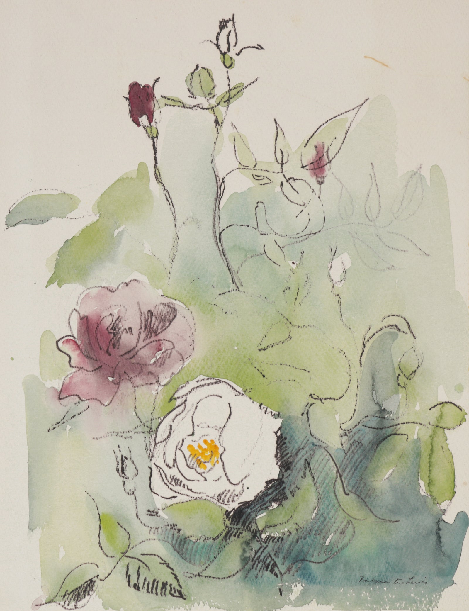 Dreamy Rose Still Life <br>1940-60s Watercolor <br><br>#B5840