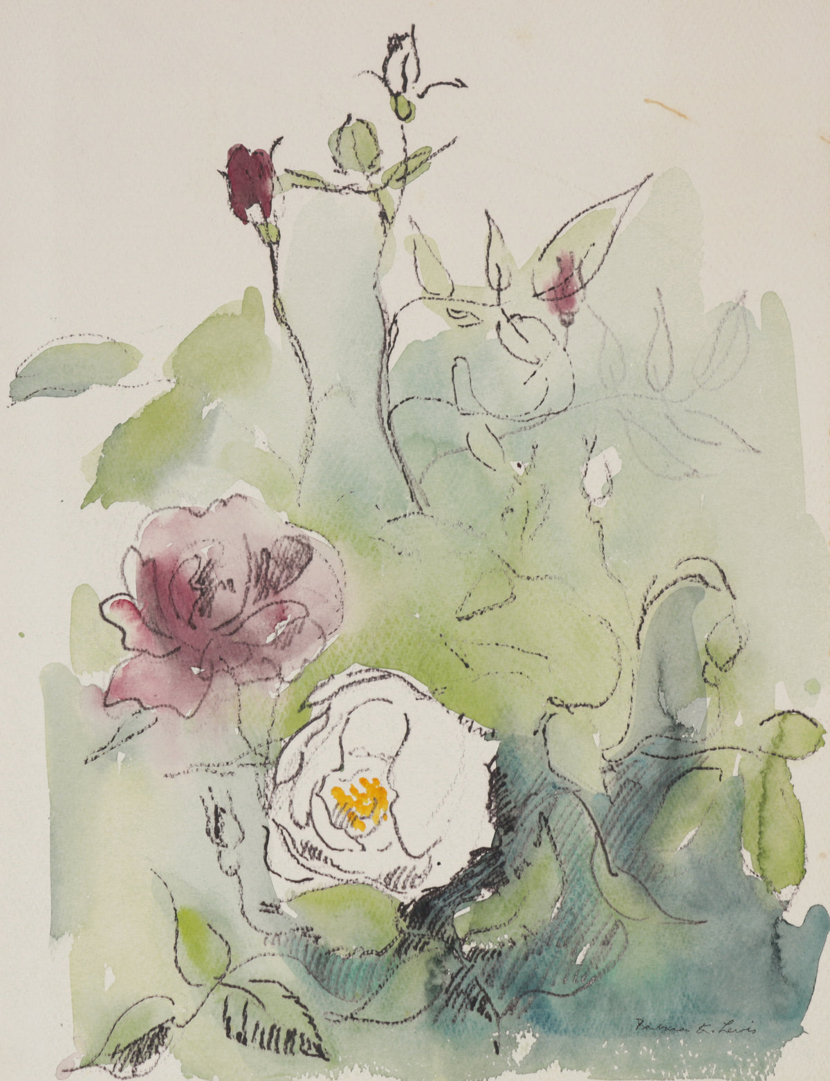 Dreamy Rose Still Life &lt;br&gt;1940-60s Watercolor &lt;br&gt;&lt;br&gt;#B5840