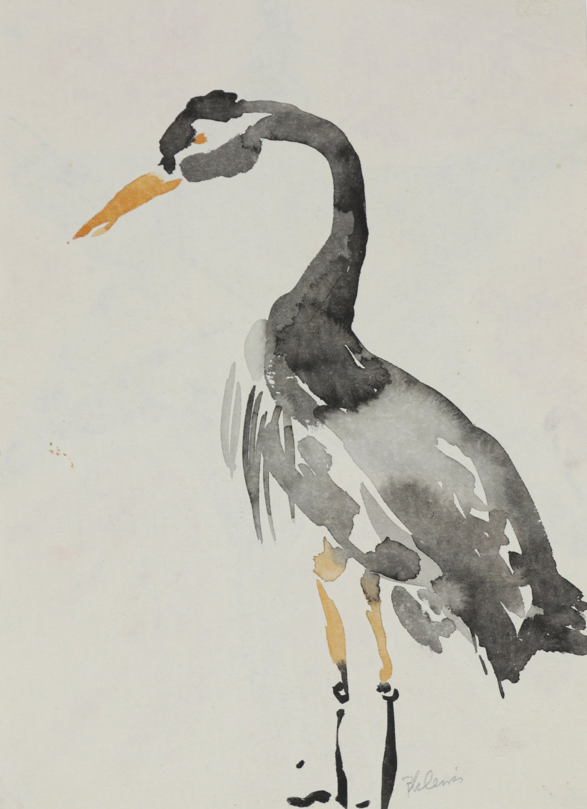 Monochromatic Abstracted Crane <br>1940-60s Watercolor <br><br>#B5844