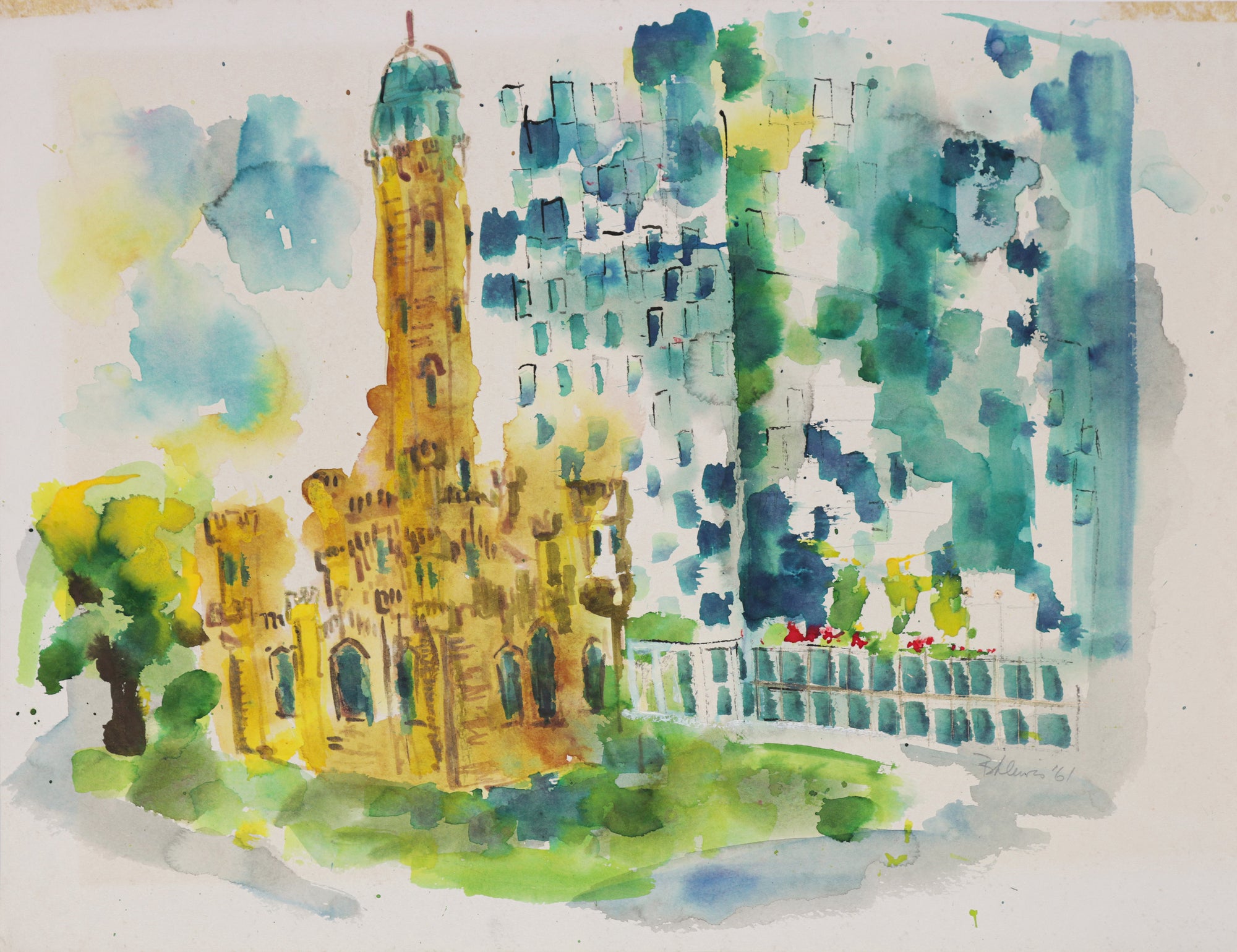 Golden Tower City Abstract <br>1961 Watercolor <br><br>#B5855