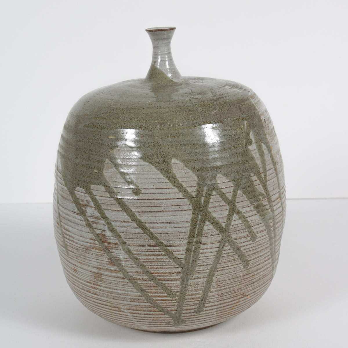 Round Vessel with Green Pour Pattern &lt;br&gt;1970s Handmade Ceramic &lt;br&gt;&lt;br&gt;#B5964