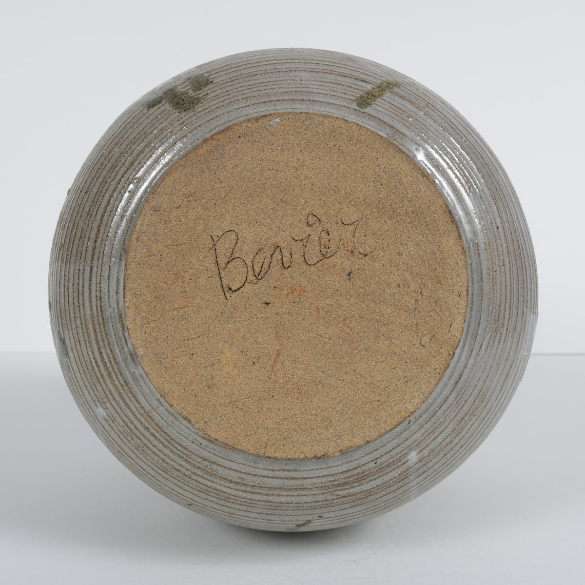 Round Vessel with Green Pour Pattern <br>1970s Handmade Ceramic <br><br>#B5964