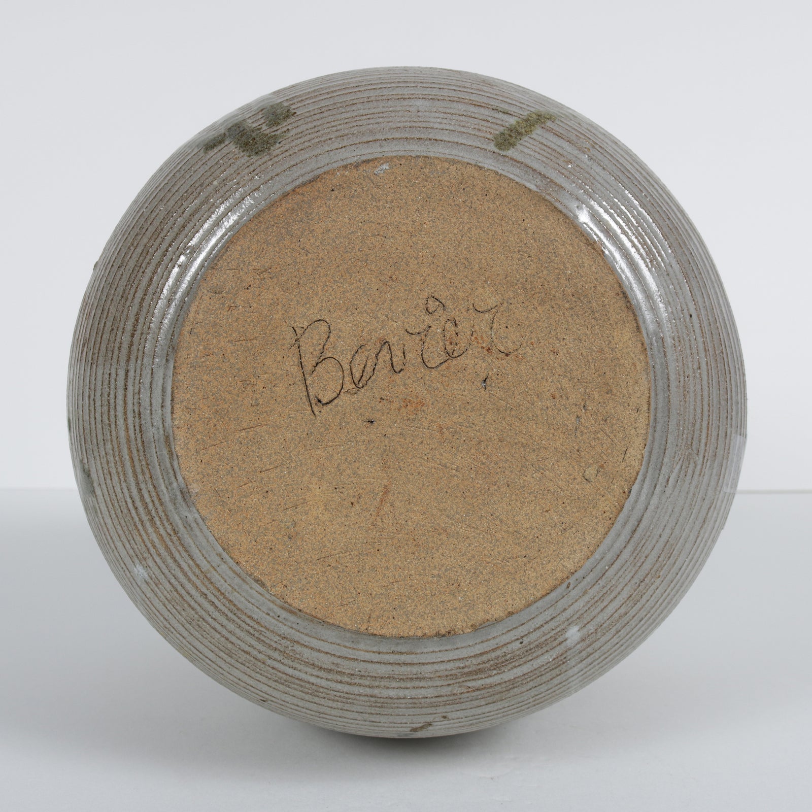 Round Vessel with Green Pour Pattern <br>1970s Handmade Ceramic <br><br>#B5964