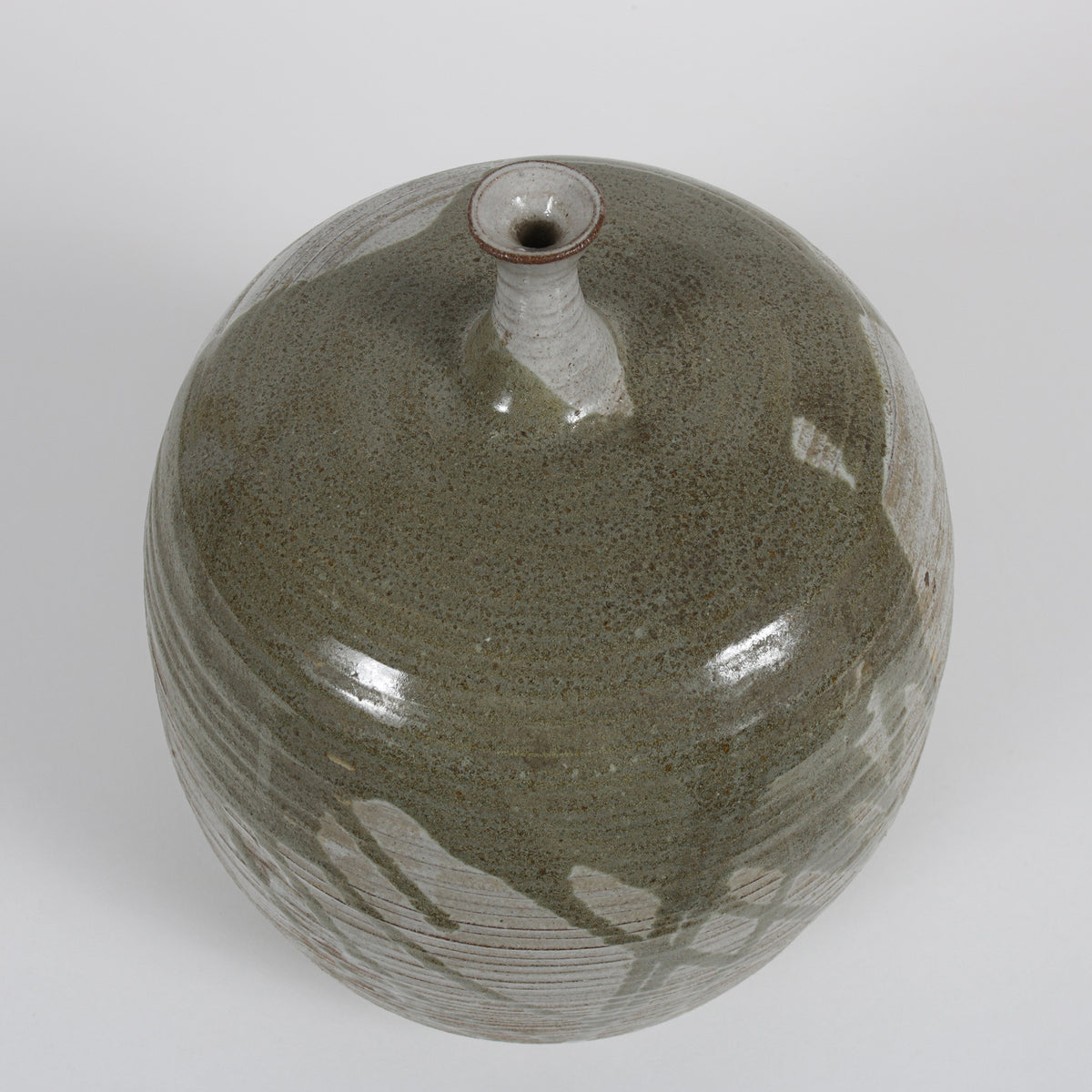 Round Vessel with Green Pour Pattern <br>1970s Handmade Ceramic <br><br>#B5964