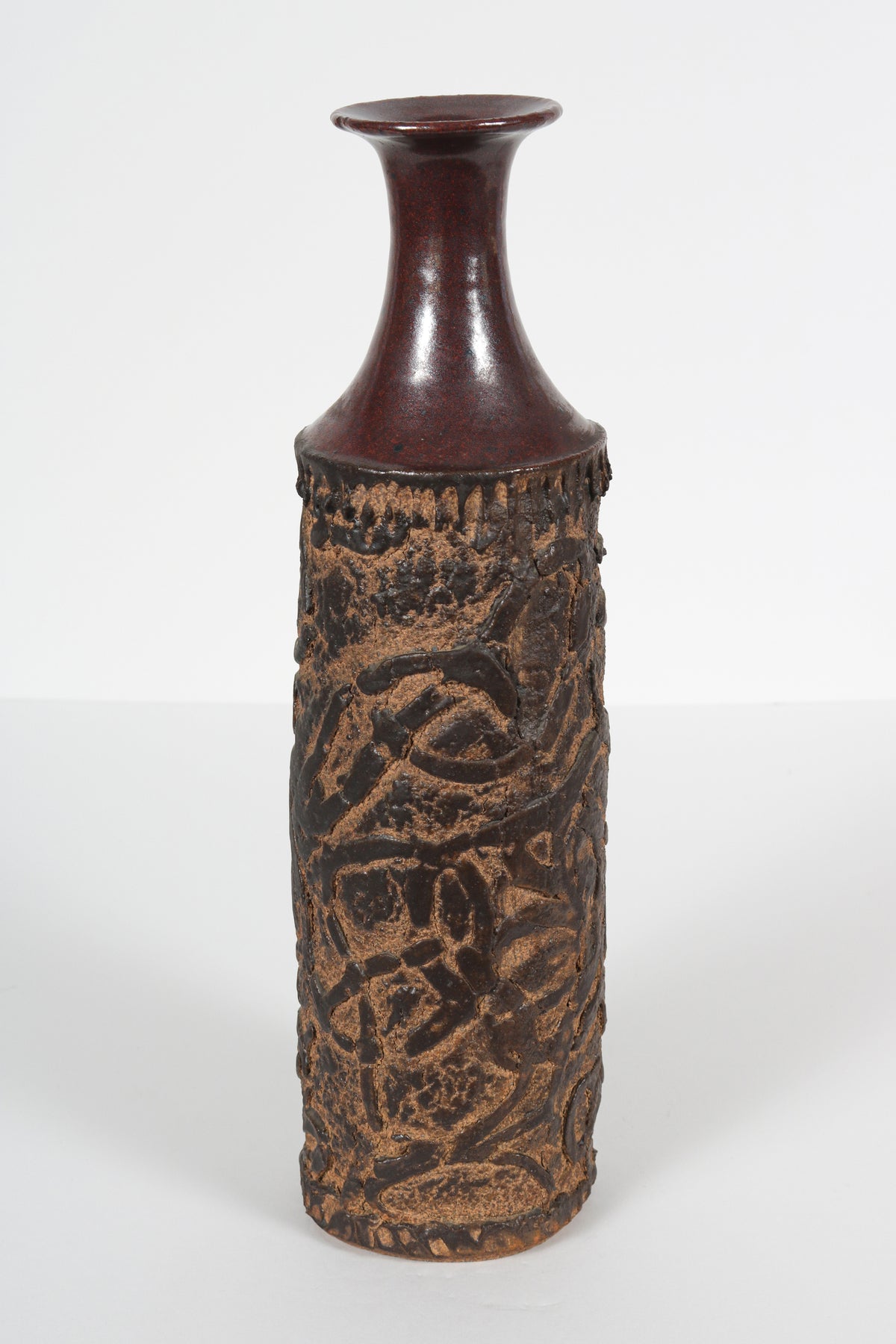 Tall Vessel with Organic Sculpted Pattern &lt;br&gt;1977 Handmade Ceramic &lt;br&gt;&lt;br&gt;#B5979